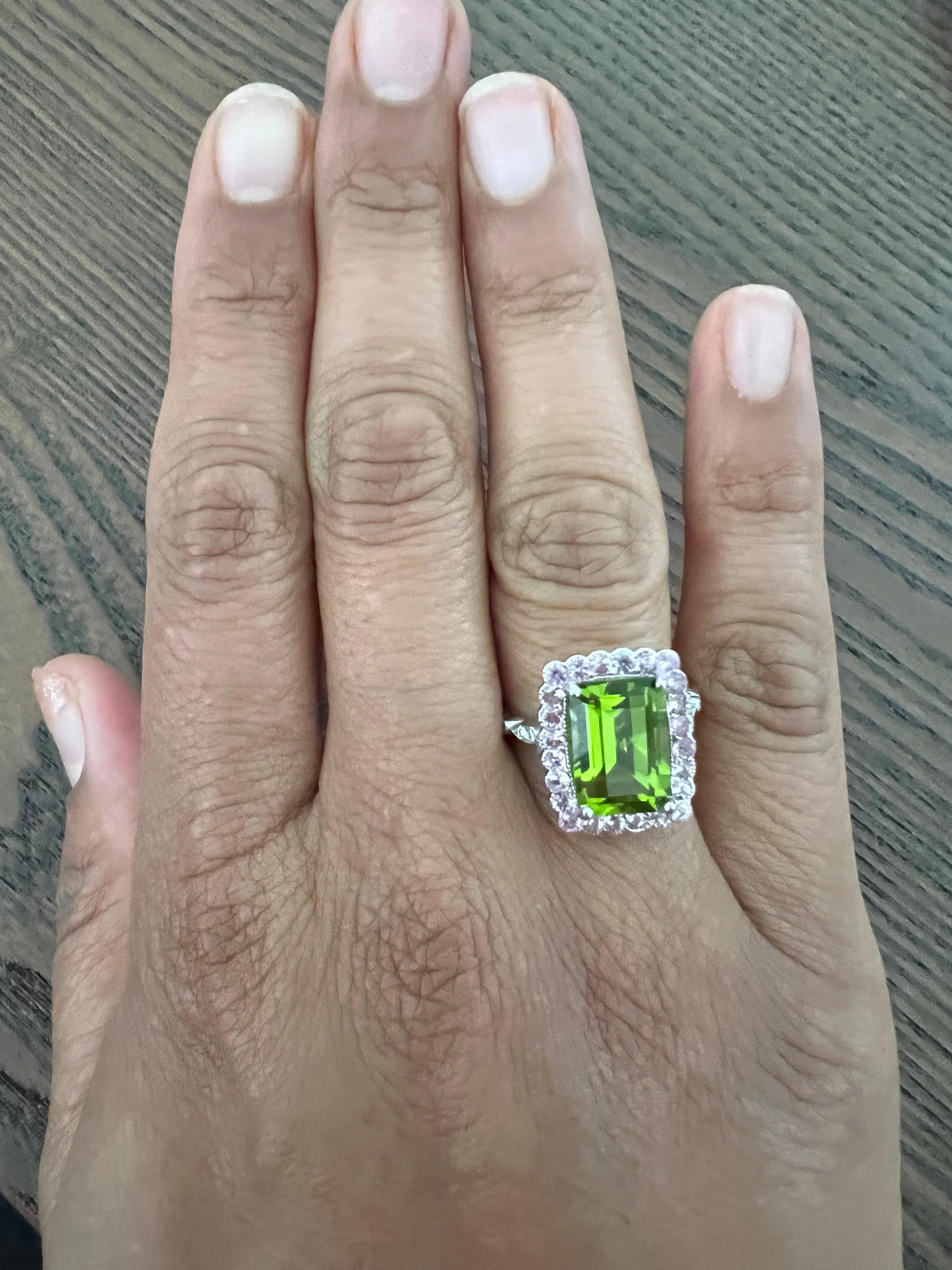 5.98 Carat Peridot Pink Sapphire Diamond 18 Karat White Gold Ring In New Condition For Sale In Los Angeles, CA