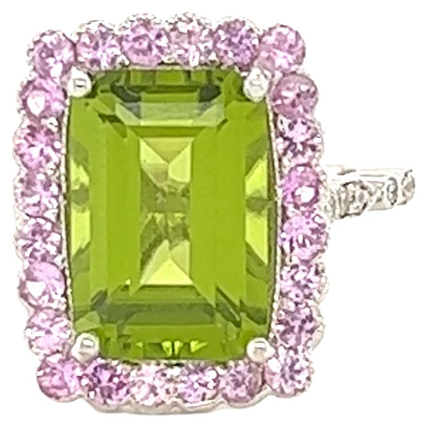 5.98 Carat Peridot Pink Sapphire Diamond 18 Karat White Gold Ring For Sale