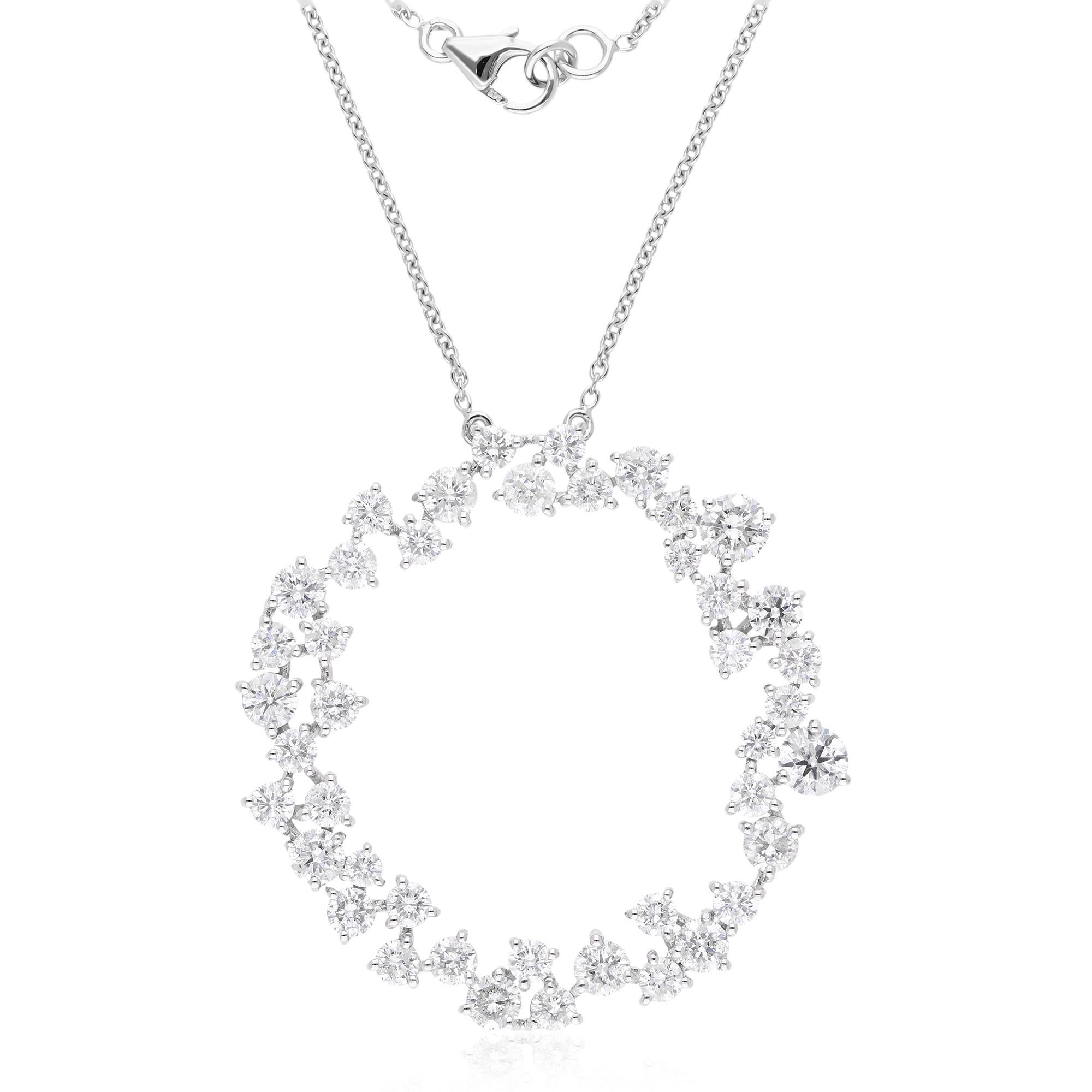 At its center, a mesmerizing circle pendant takes center stage, adorned with a spectacular array of round-cut diamonds totaling 5.98 carats. Each diamond, carefully selected for its superior clarity (SI) and dazzling white hue (HI), exudes