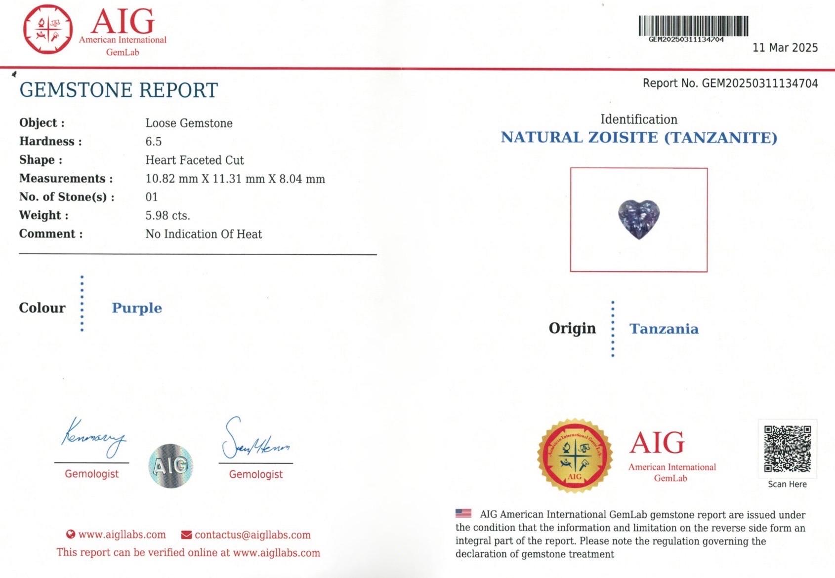 5,98 Ct AIG Zertifikat Natürlicher Tansanit Zoisit Unerhitzt Lila Farbe im Zustand „Neu“ im Angebot in bangkok, TH