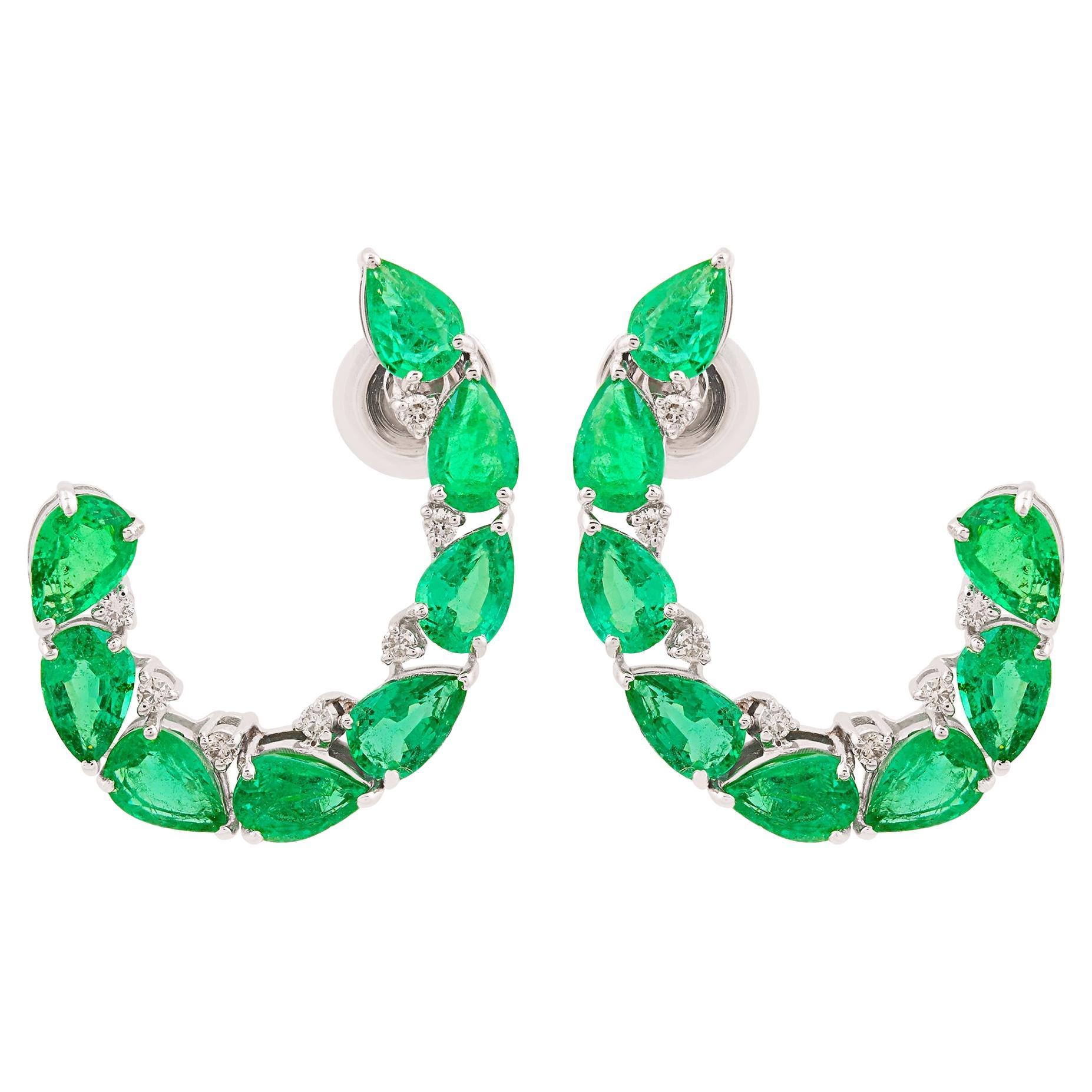 5.98 TCW Pear Cut Zambian Emerald 
Round Diamond Carved Earrings 14k White Gold For Sale