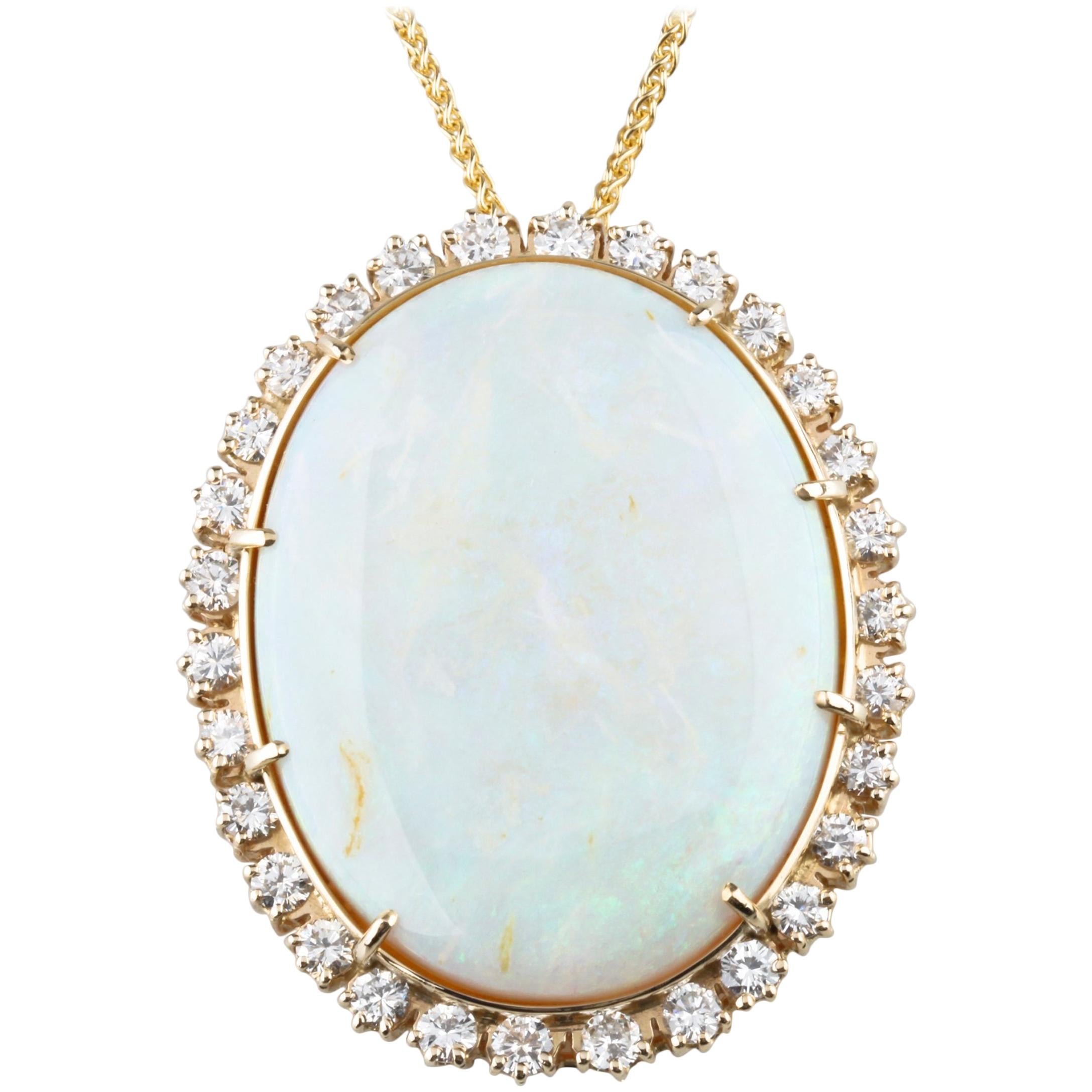 59.87 Carat Opal with Diamond Bezel Pendant 14 Karat Yellow Gold Necklace