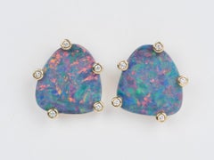 5.98ct Australian Doublet Opal with Diamond Halo Earrings 14K Gold