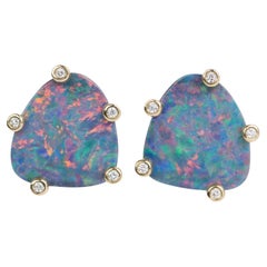 5.98ct Australian Doublet Opal with Diamond Halo Earrings 14K Gold
