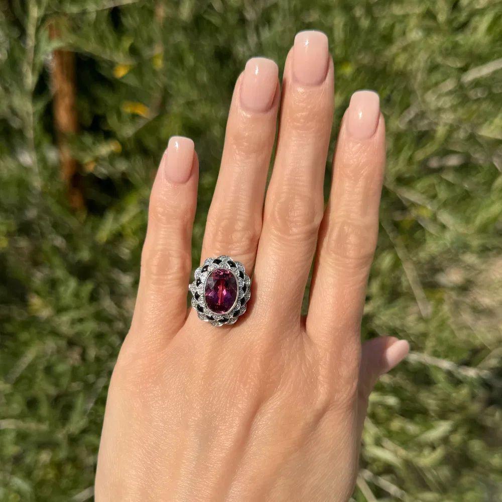 Modern 5.99 Carat Rubelite Tourmaline Onyx and Diamond Platinum Statement Ring For Sale