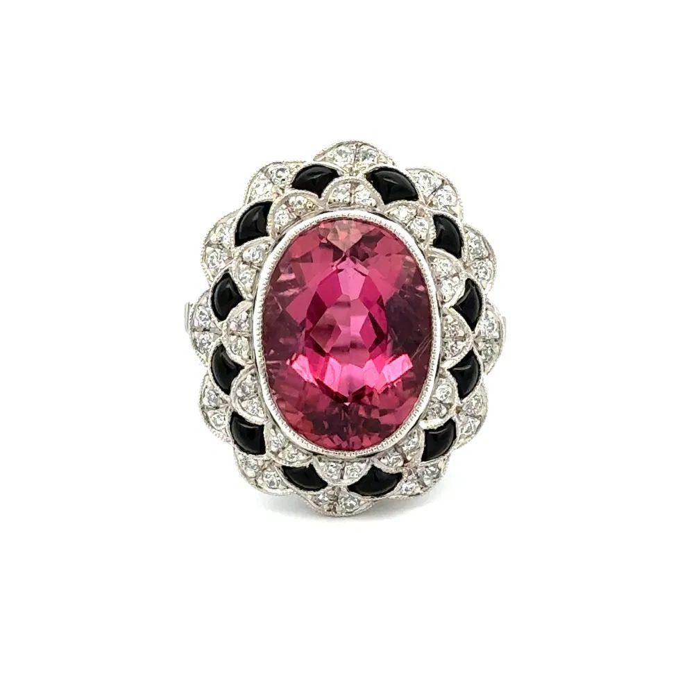 Mixed Cut 5.99 Carat Rubelite Tourmaline Onyx and Diamond Platinum Statement Ring For Sale
