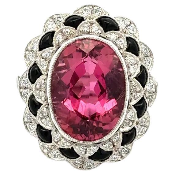 5.99 Carat Rubelite Tourmaline Onyx and Diamond Platinum Statement Ring For Sale
