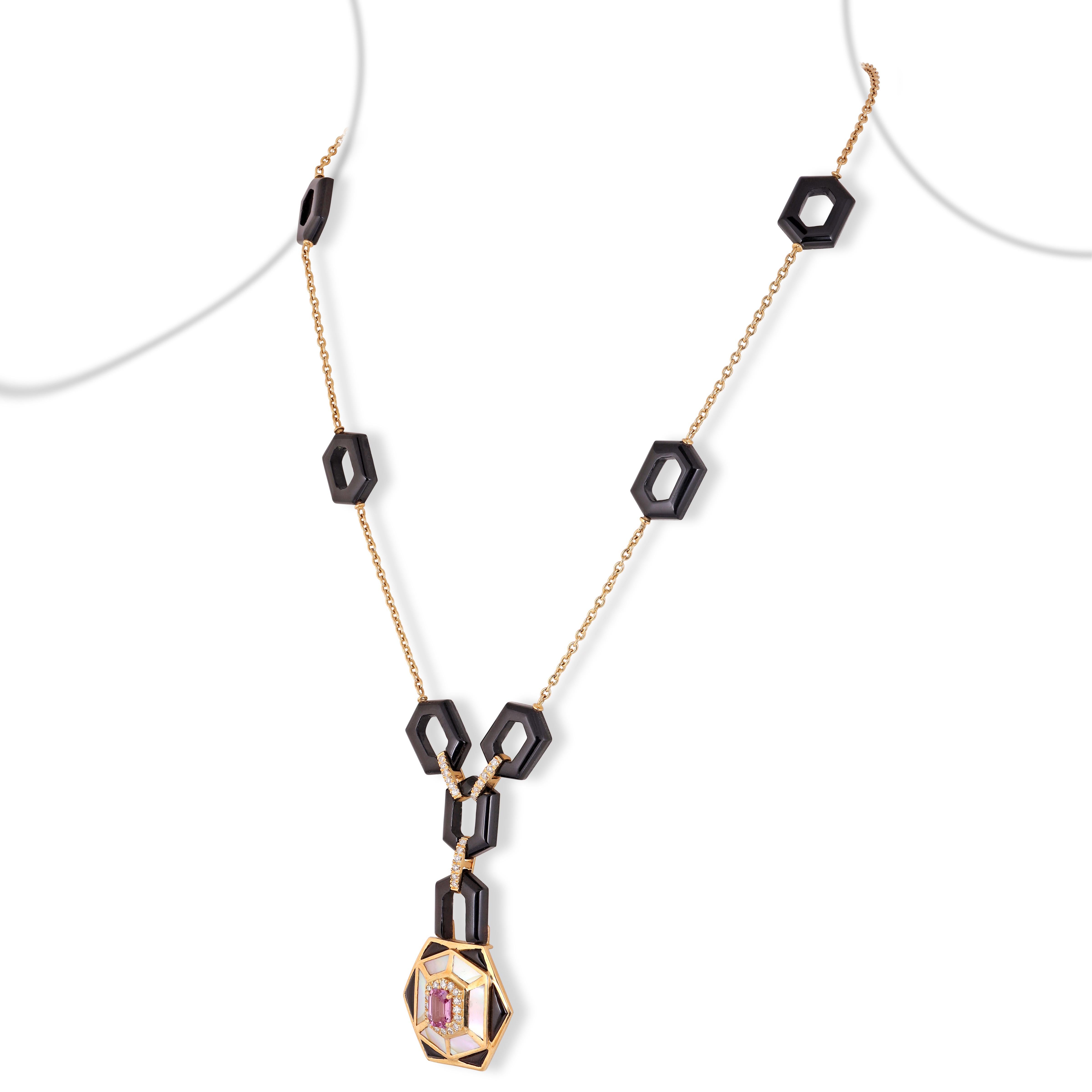 Modernist 59.93 Carat Black Onyx, Sapphire & Mother of pearl Chain Necklace in 18k Gold For Sale