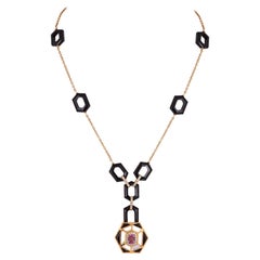 59.93 Carat Black Onyx, Sapphire & Mother of pearl Chain Necklace in 18k Gold