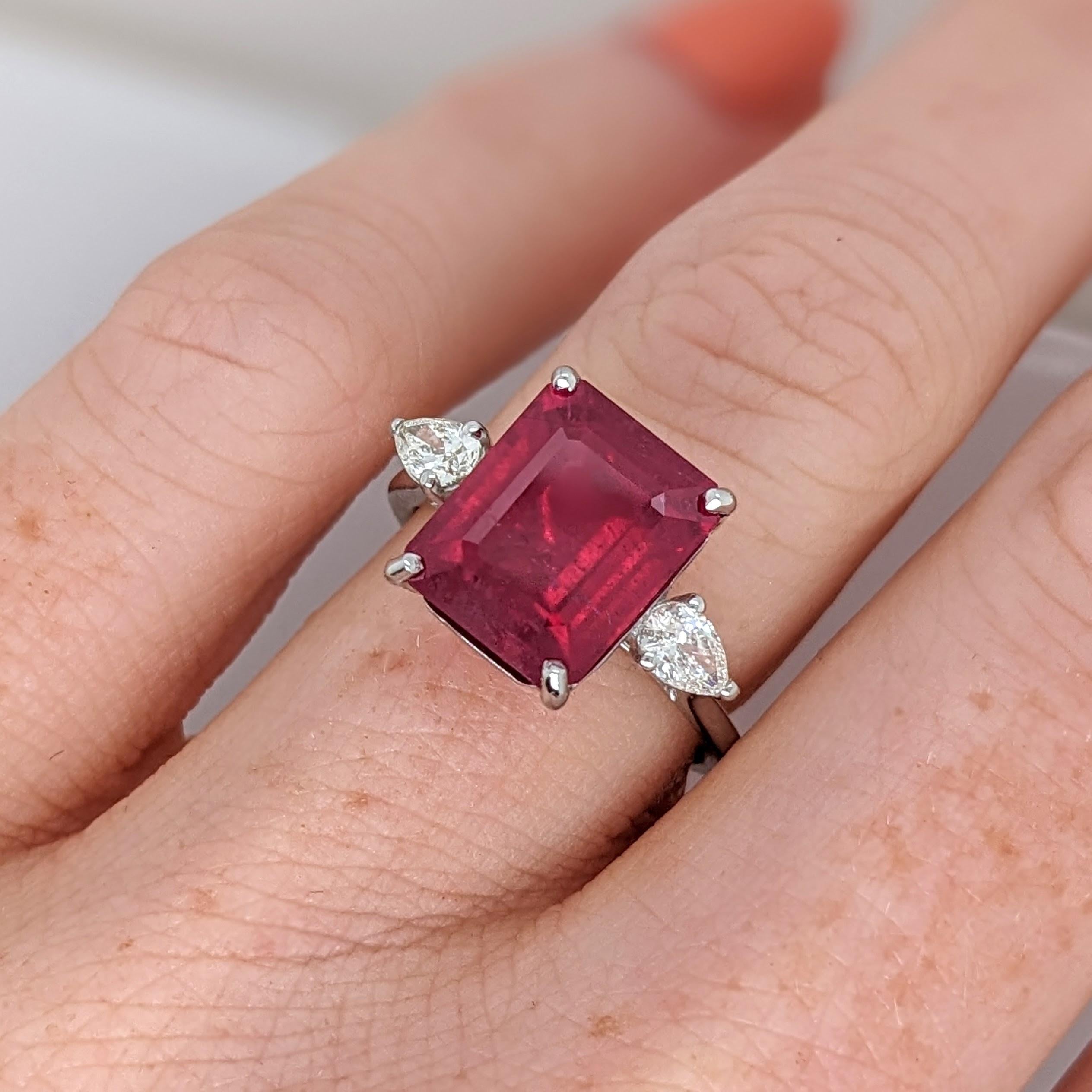 Modern 5.9ct Red Ruby Ring w Earth Mined Diamonds in Solid 14K White Gold EM 11x9mm For Sale