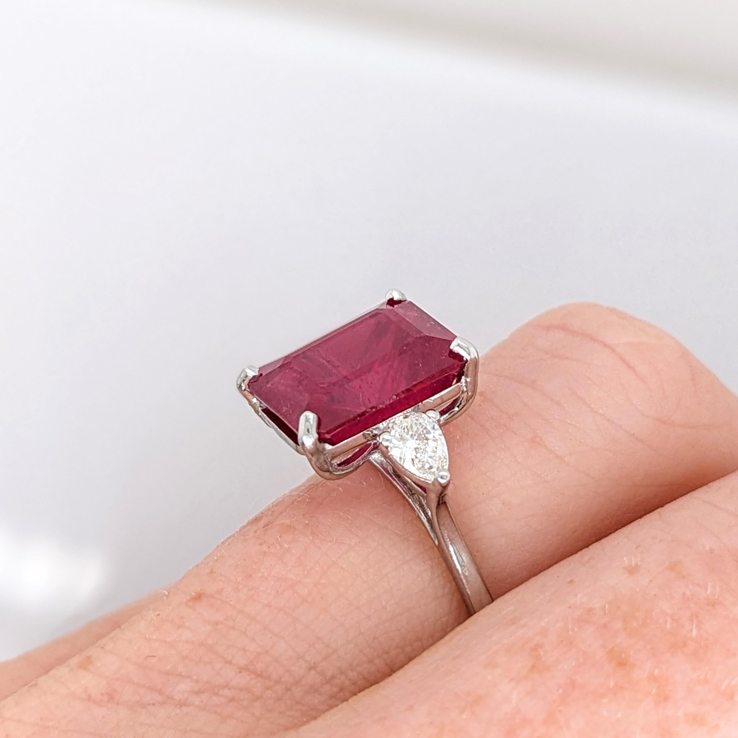 Emerald Cut 5.9ct Red Ruby Ring w Earth Mined Diamonds in Solid 14K White Gold EM 11x9mm For Sale