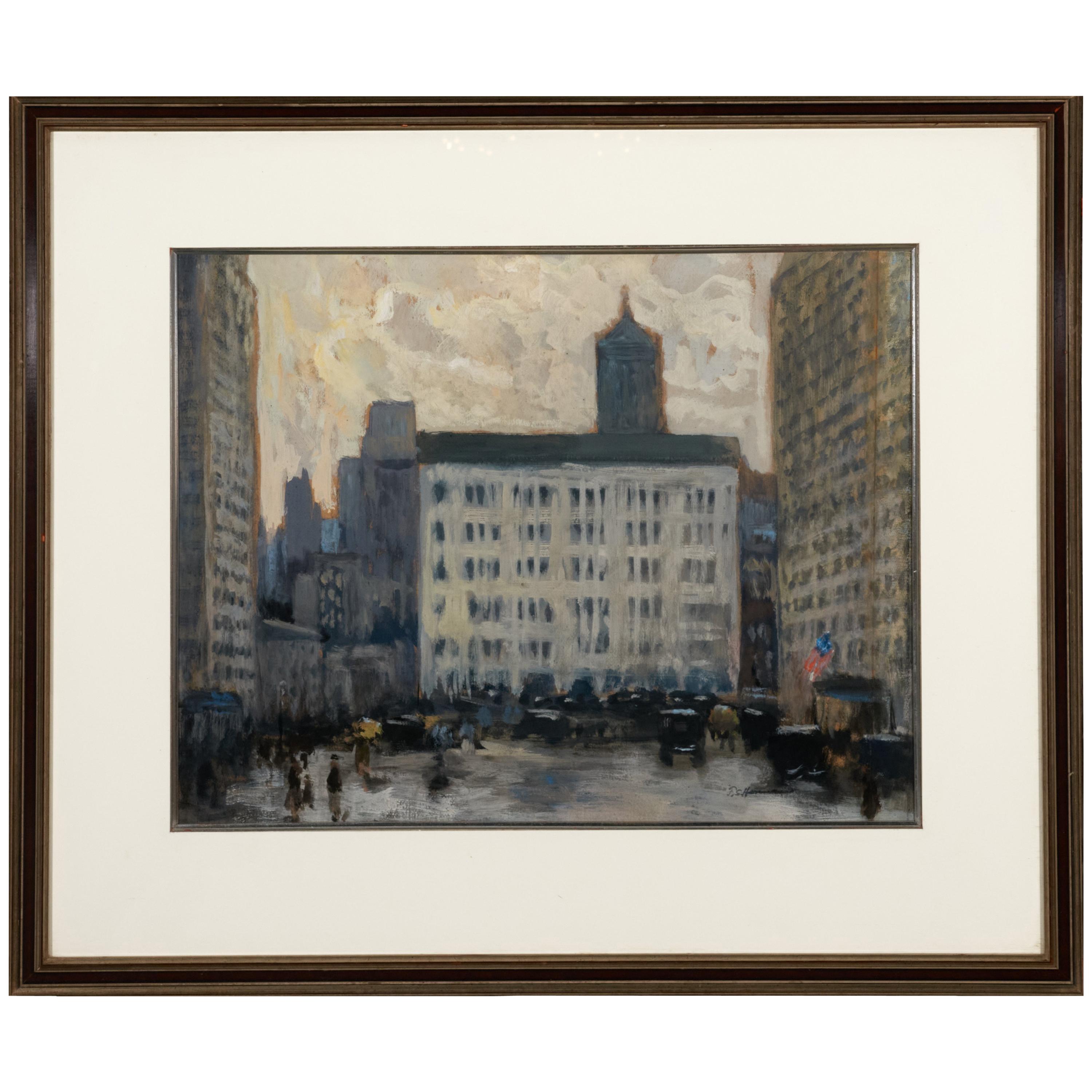 '59th St. & Fifth Ave with Plaza' Gouache Painting by Frank Hermann