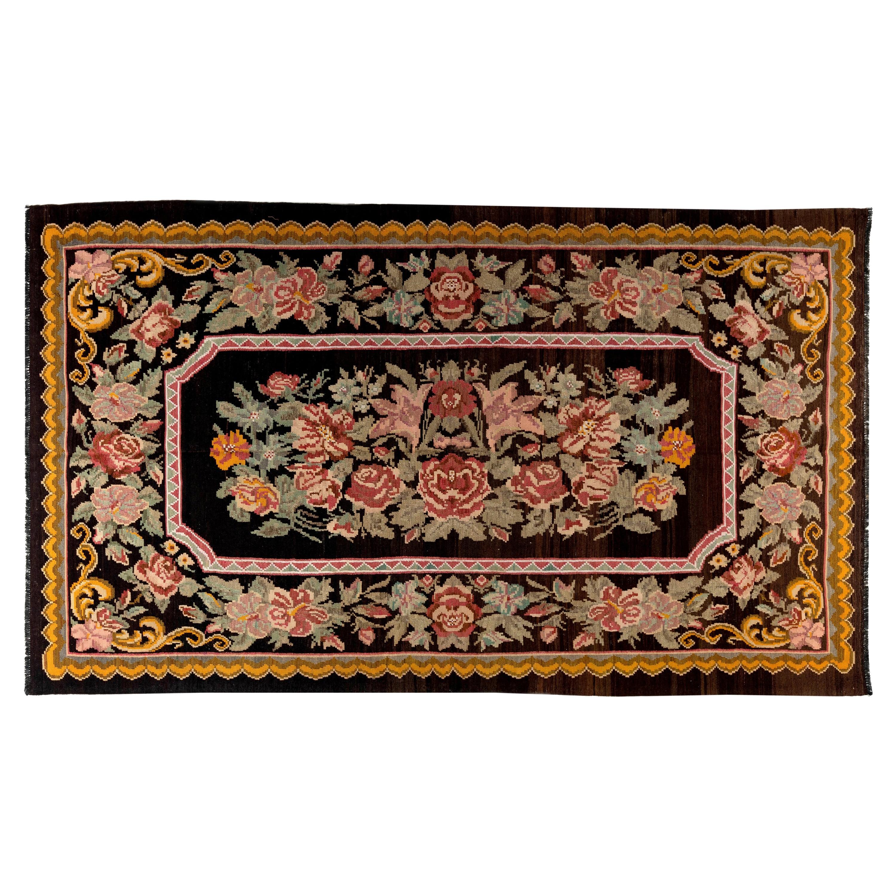 5.8x9.10 ft Vintage Bessarabian Kilim, Floral Handwoven Wool Rug from Moldova