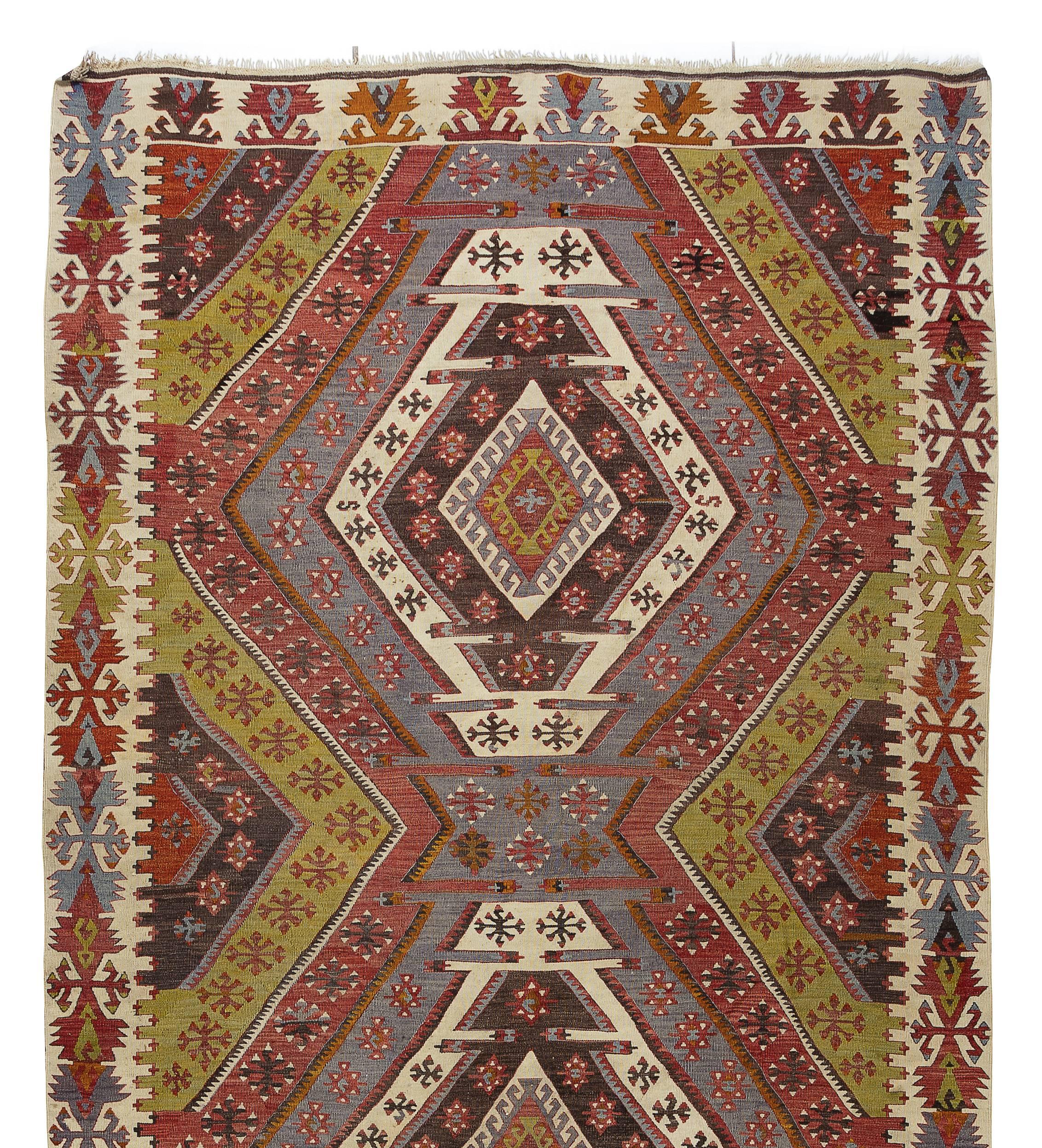 5.9x13 Ft Geometric Handmade Turkish Wool Kilim Runner, FlatWeave Floor Covering In Good Condition For Sale In Philadelphia, PA