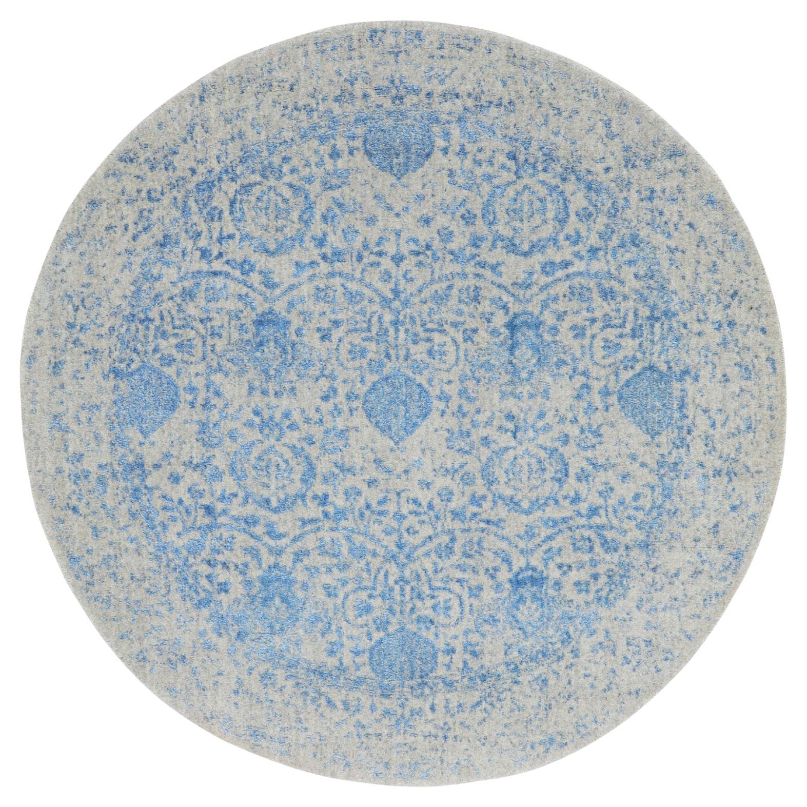 Alfombra redonda azul Jacquard tejida a mano en lana y seda artística con diseño de granadas (5
9 "x5
9")