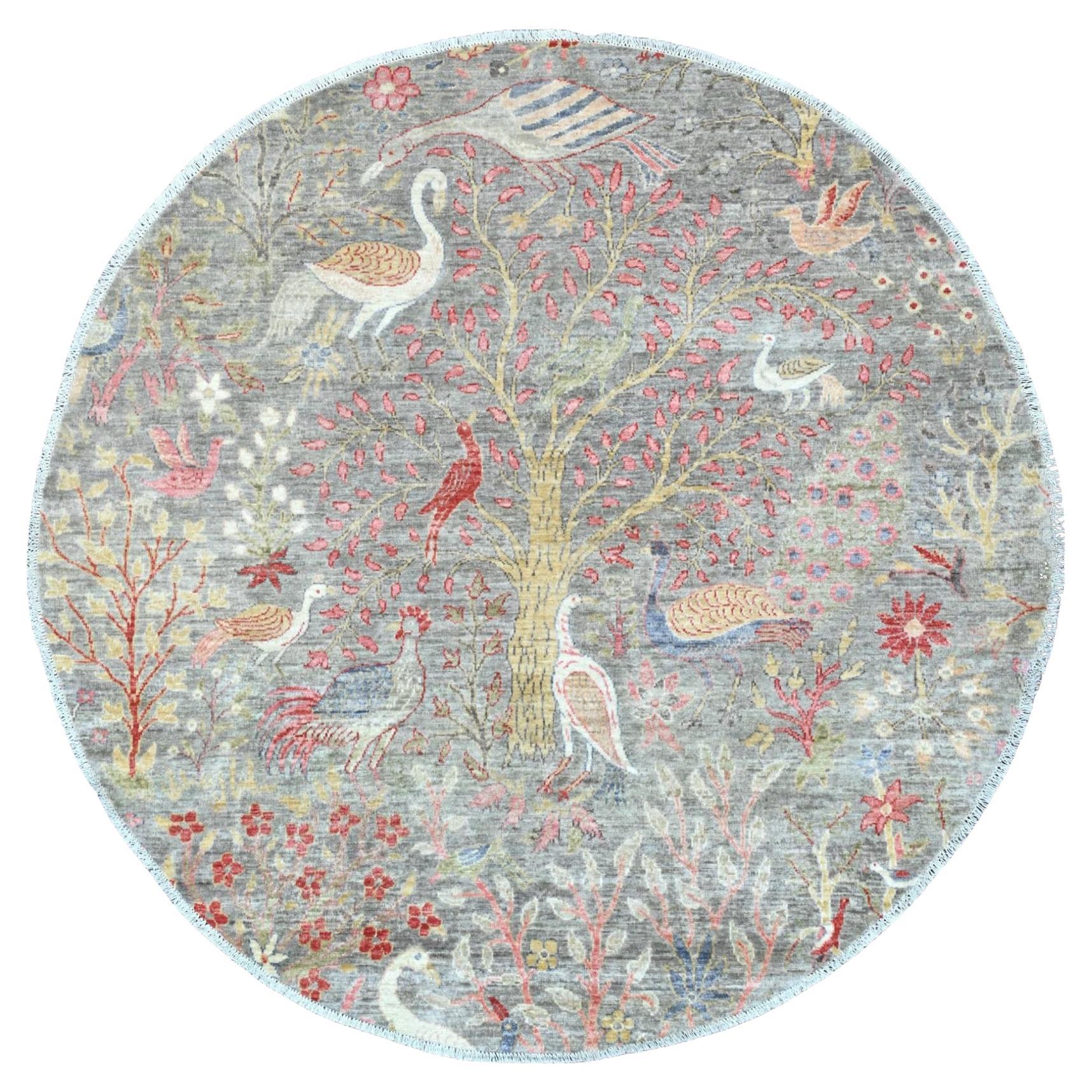 5'9 "x5'9" Alfombra Redonda de Lana Gris Anudada a Mano Peshawar Diseño Aves del Paraíso