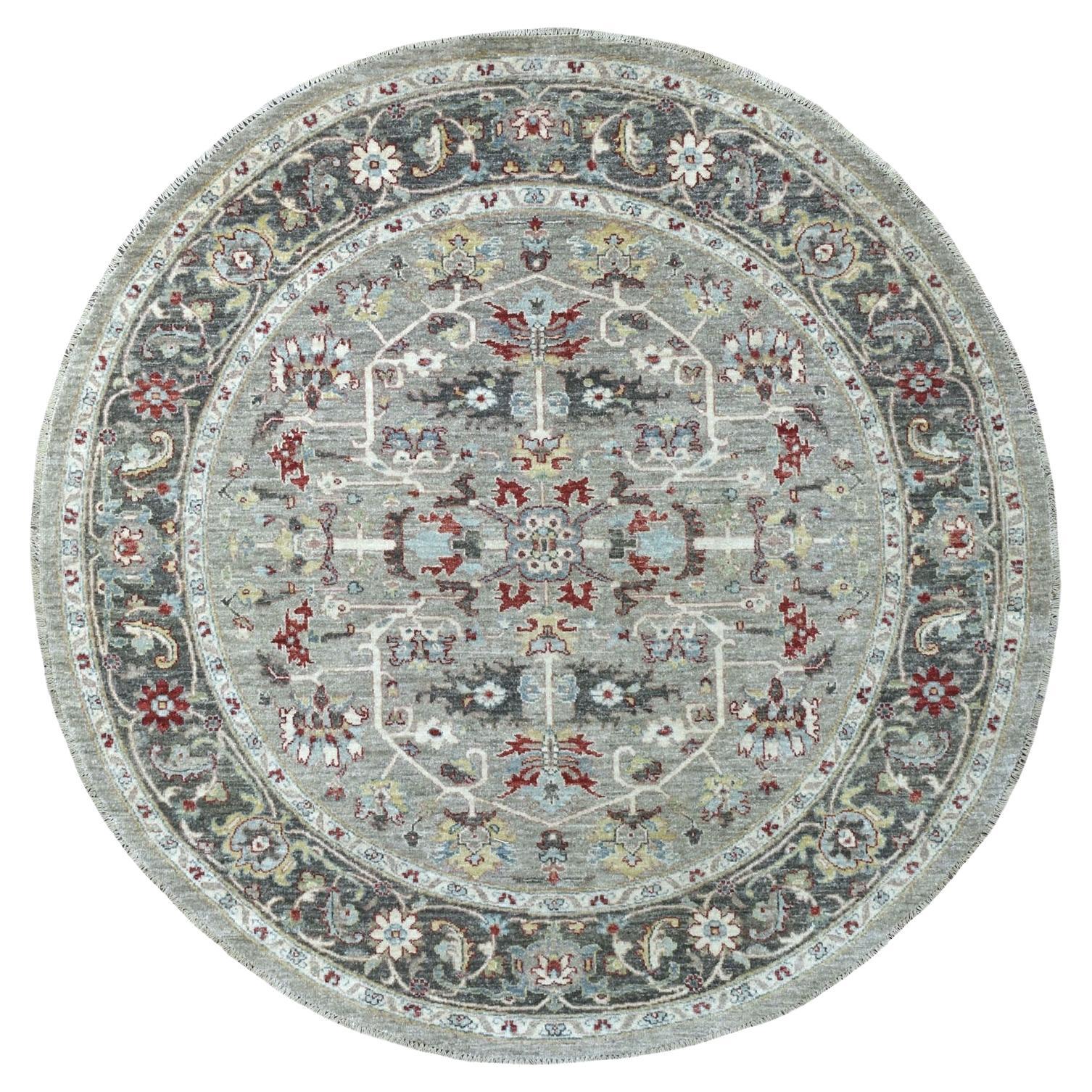 5'9"x5'9" Gray Peshawar With Heriz Design Vibrant Wool Round Hand Knotted Rug