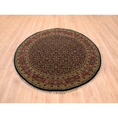 5'9"x5'9" Jet Black Round All Over Herat Fish Design Hand Knotted Wool Rug