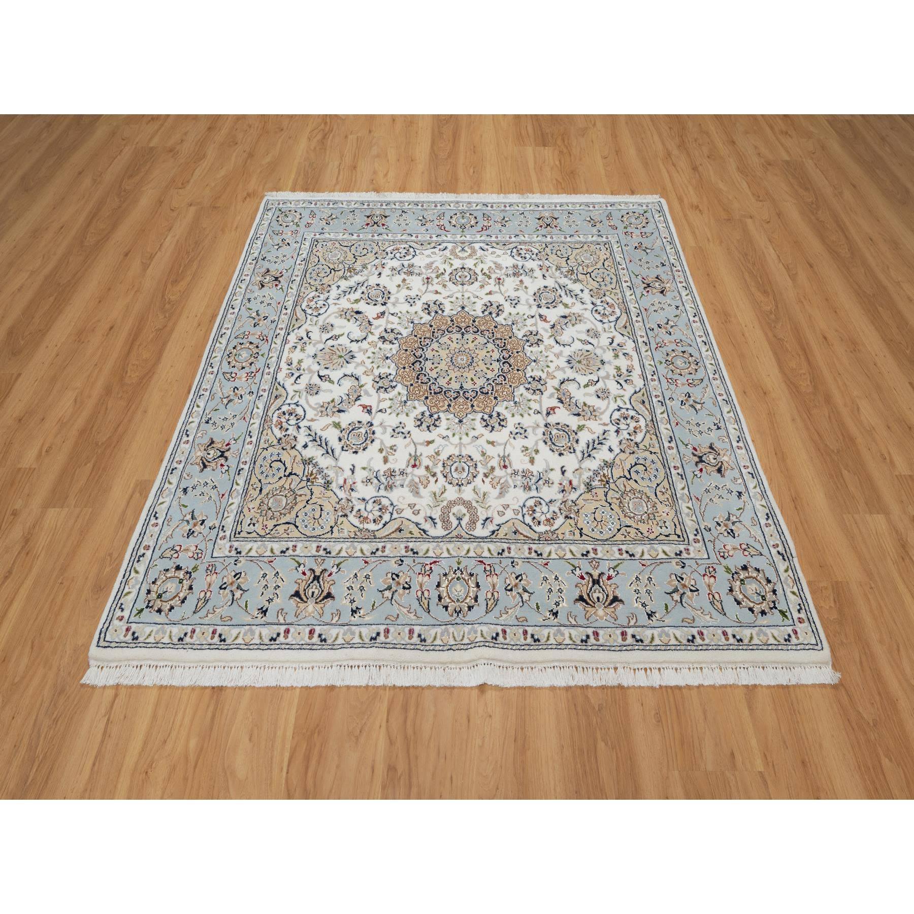 Alabaster White, 250 KPSI, Nain with Flower Medallion Design, Soft Pile, Hand Knotted, Wool and Silk, Square, Oriental Rug
Primary materials: Wool & Silk
Latex: No Pile 
height: 0.25 Inches
Style: Traditional
Primary color: Ivory
Secondary colors: