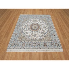 5'9"x5'9" White Nain with Flower Design Hand Knotted Wool and Silk Square Rug