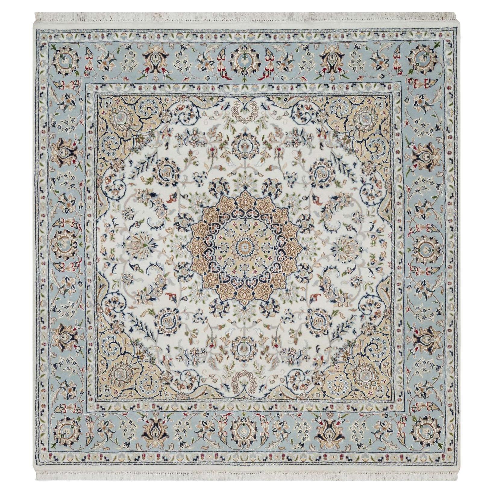 Tappeto quadrato in lana e seta annodato a mano 5'9 "x5'9" Bianco Nain con design floreale