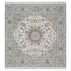 5'9"x5'9" White Nain with Flower Design Hand Knotted Wool and Silk Square Rug