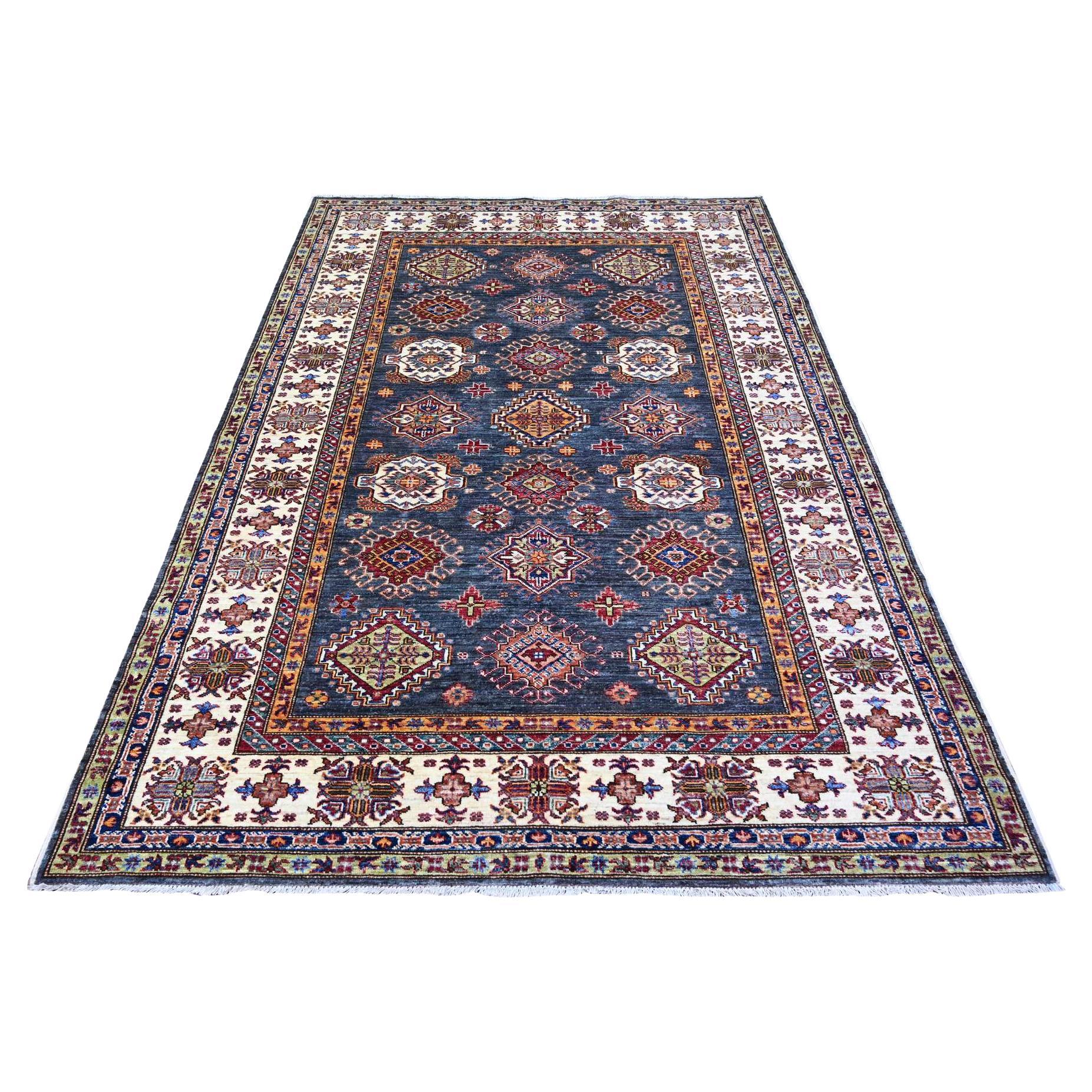 5
9 "x7
10" Gris ardoise Afghan Kazak Médaillons géométriques Laine Knots Rugs en vente