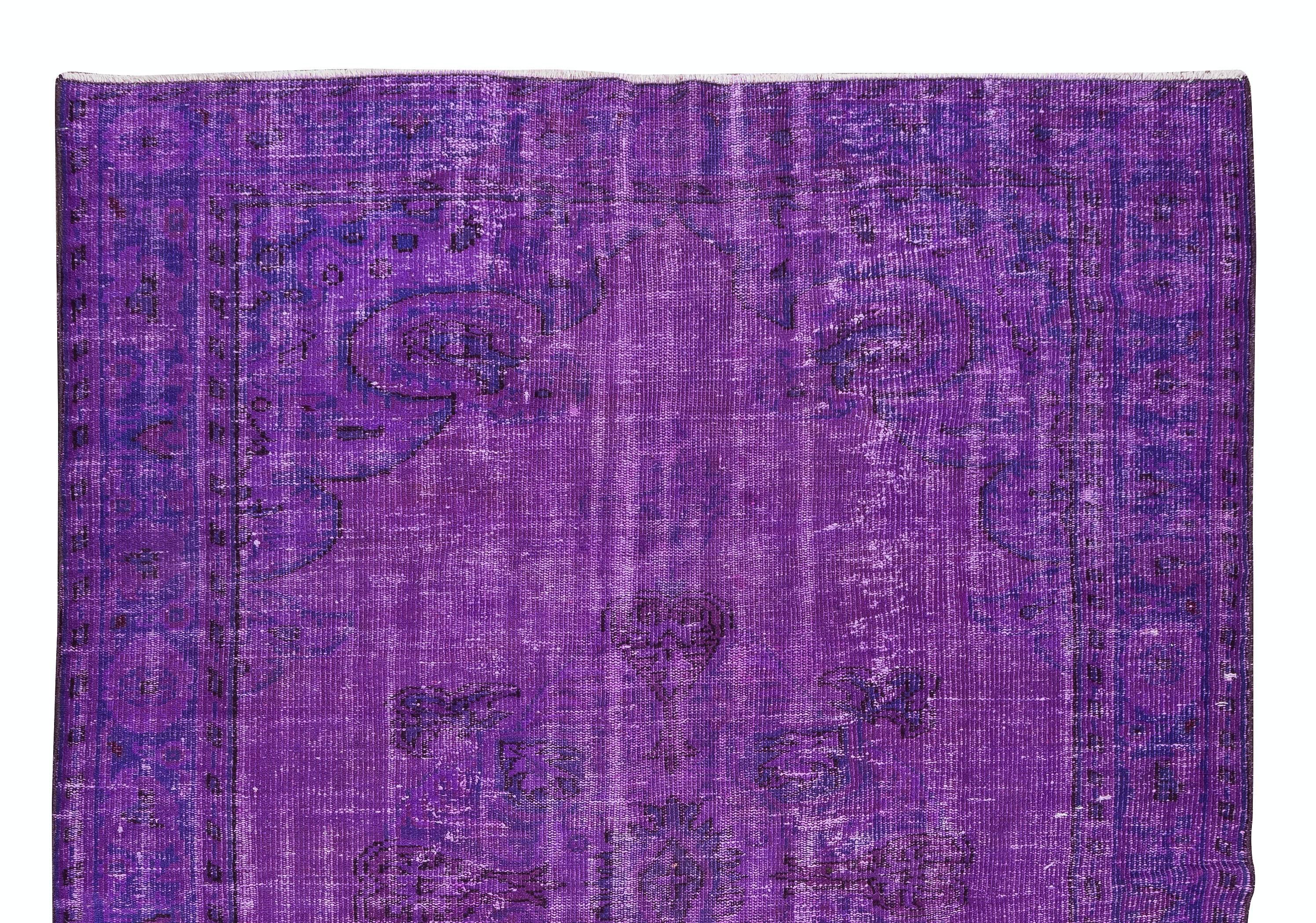Hand-Woven 5.9x8.4 Ft Contemporary Handmade Turkish Vintage Rug Over-Dyed in Purple For Sale