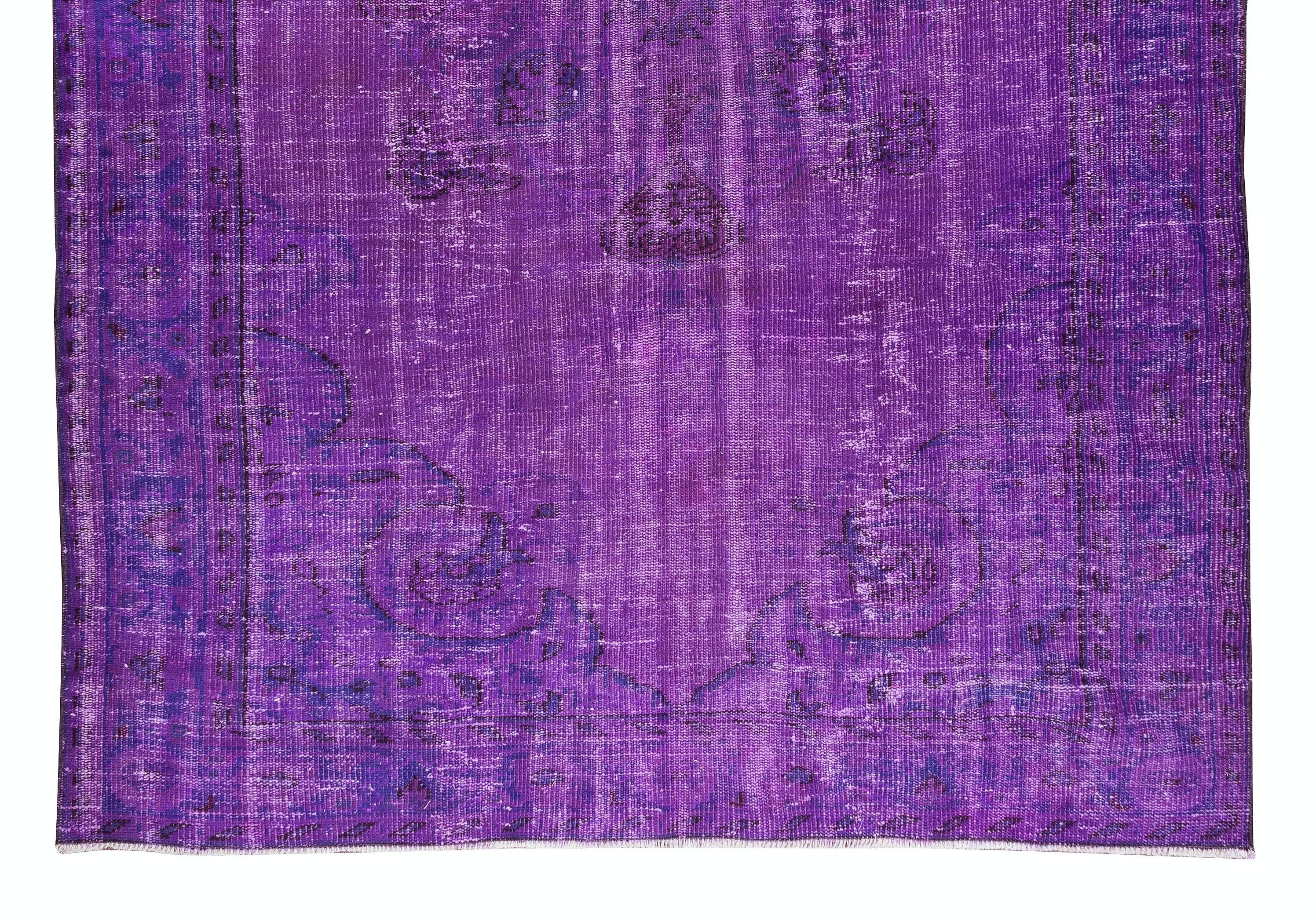 5.9x8.4 Ft Contemporary Handmade Turkish Vintage Rug Over-Dyed in Purple In Distressed Condition For Sale In Philadelphia, PA