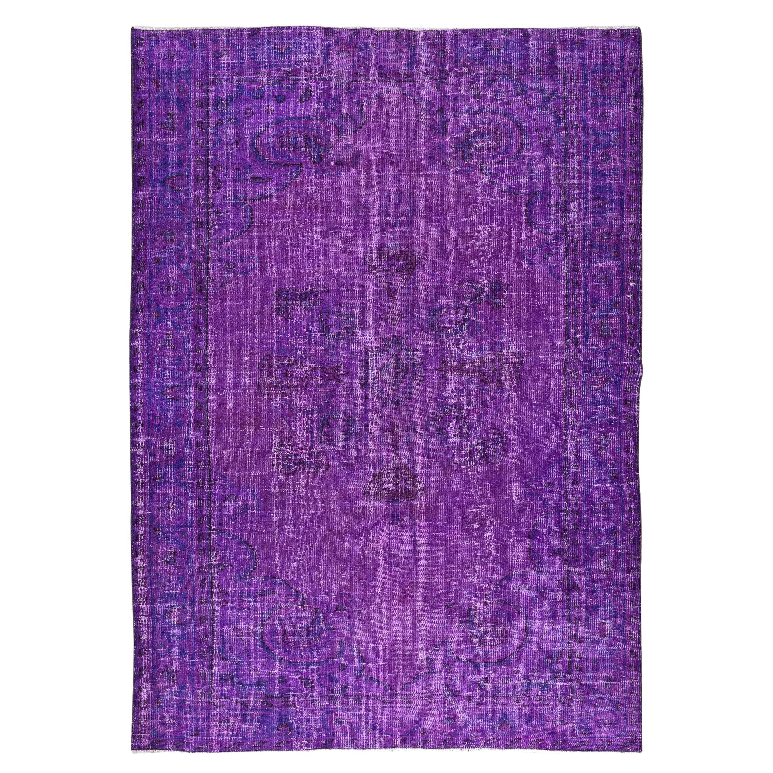 5.9x8.4 Ft Contemporary Handmade Turkish Vintage Rug Over-Dyed in Purple For Sale