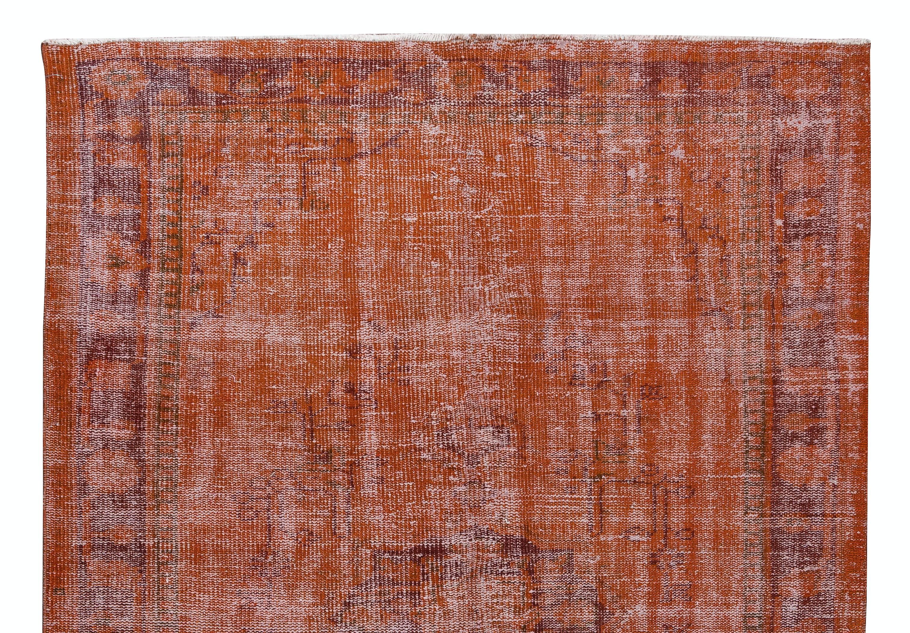 6x8.4 Ft Handmade Turkish Vintage Rug Over-Dyed in Orange for Modern Interiors In Good Condition For Sale In Philadelphia, PA