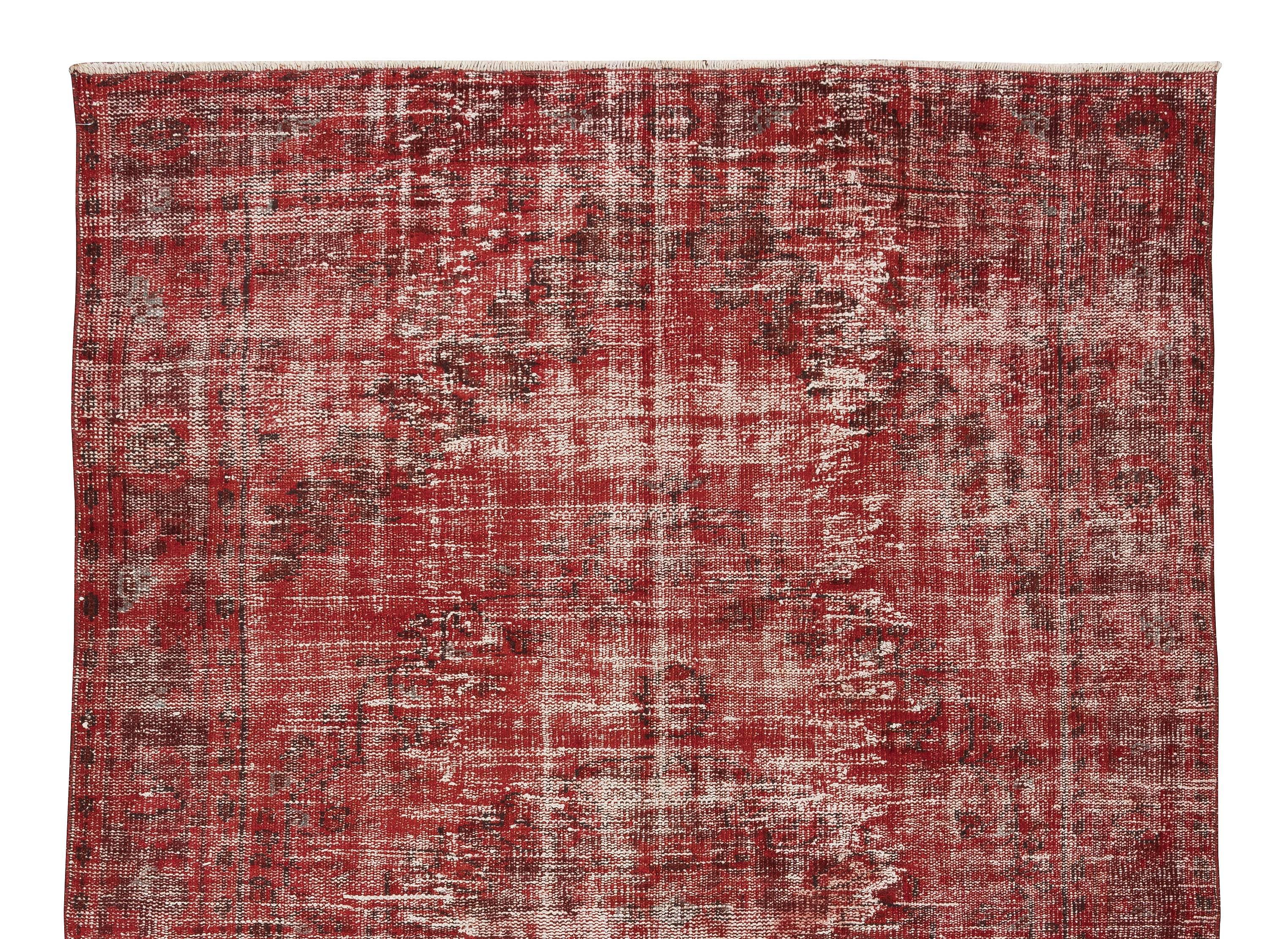 Hand-Knotted Handmade Shabby Chic Turkish Vintage Wool Area Rug in Burgundy Red For Sale