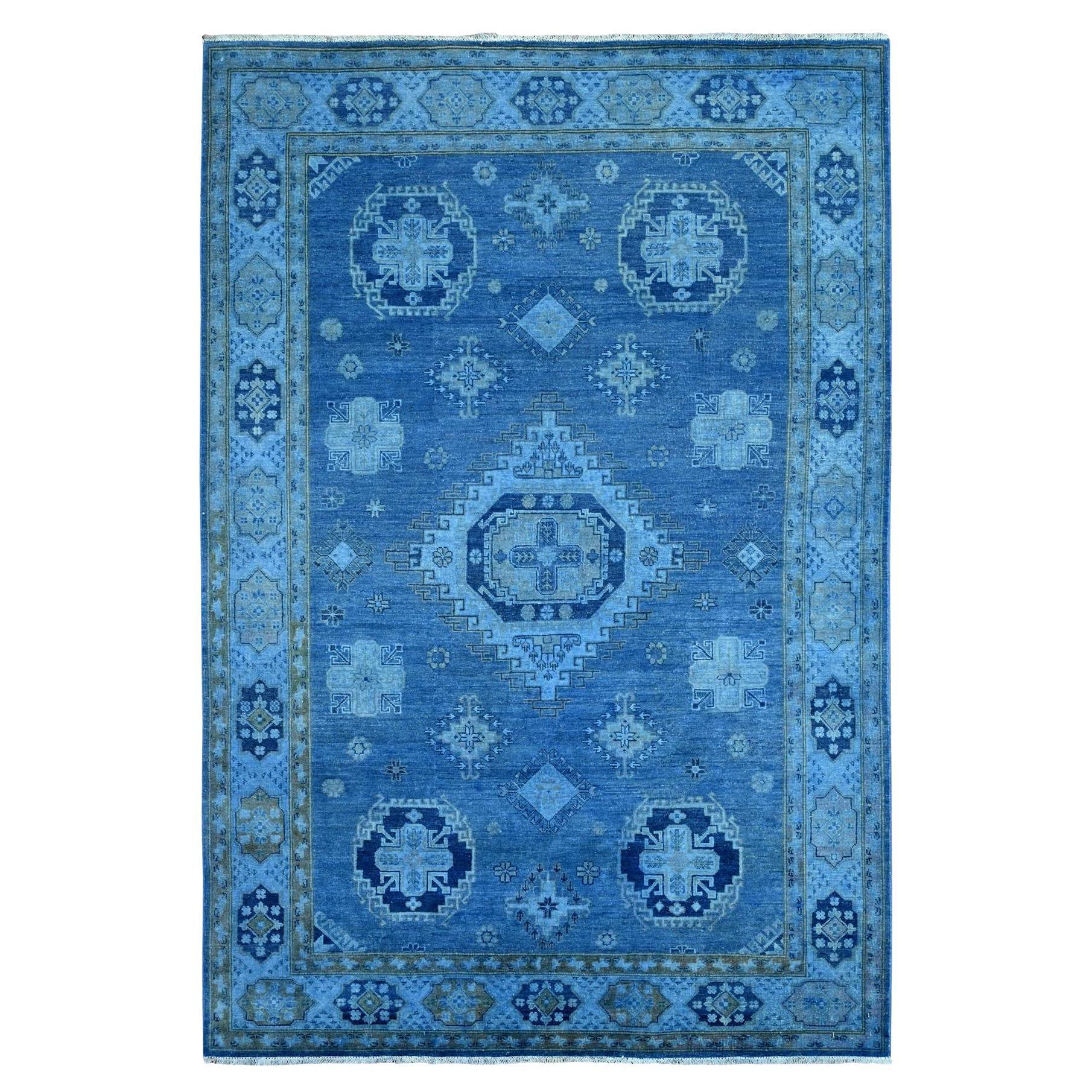 5'9"x8'7" Blue Overdyed Kazak Geometric Medallions Design Wool Hand Knotted Rug