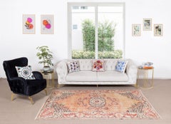 6x8.7 Ft Hand Knotted Orange Area Rug, Vintage Wool Carpet From Turkey