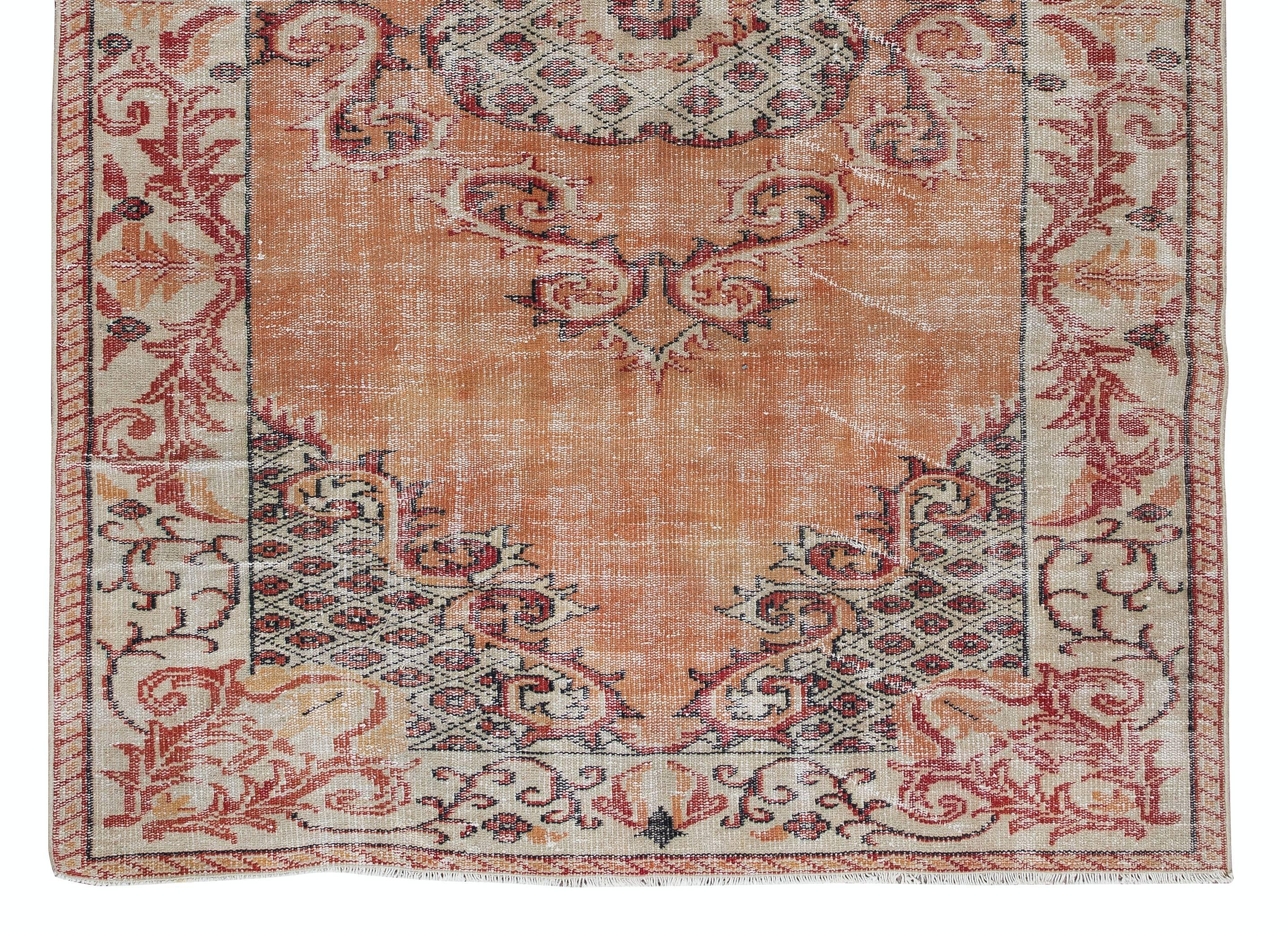 Hand-Knotted 6x8.7 Ft Hand Knotted Orange Area Rug, Vintage Wool Carpet From Turkey For Sale