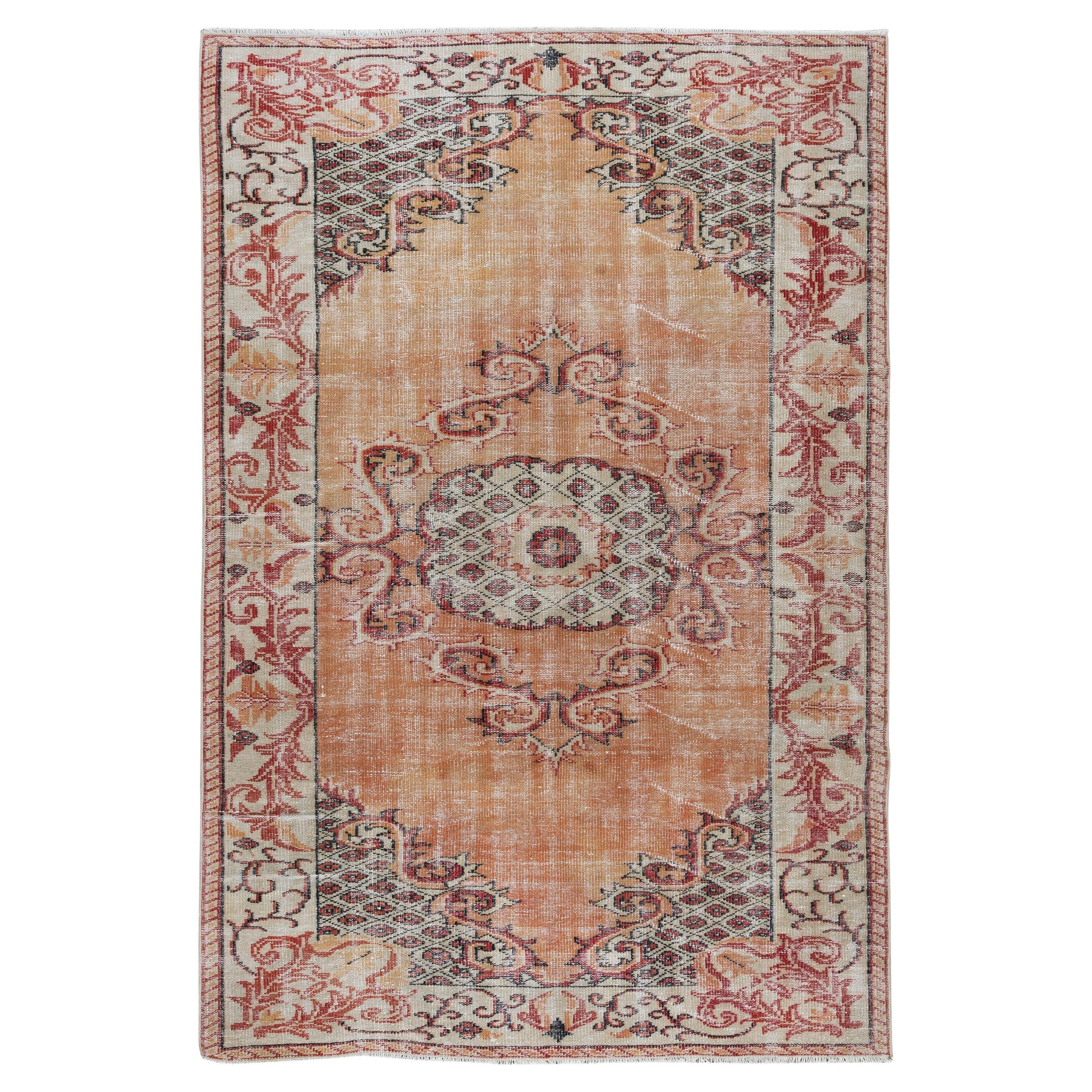 6x8.7 Ft Hand Knotted Orange Area Rug, Vintage Wool Carpet From Turkey For Sale