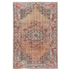 6x8.7 Ft Hand Knotted Orange Area Rug, Vintage Wool Carpet From Turkey