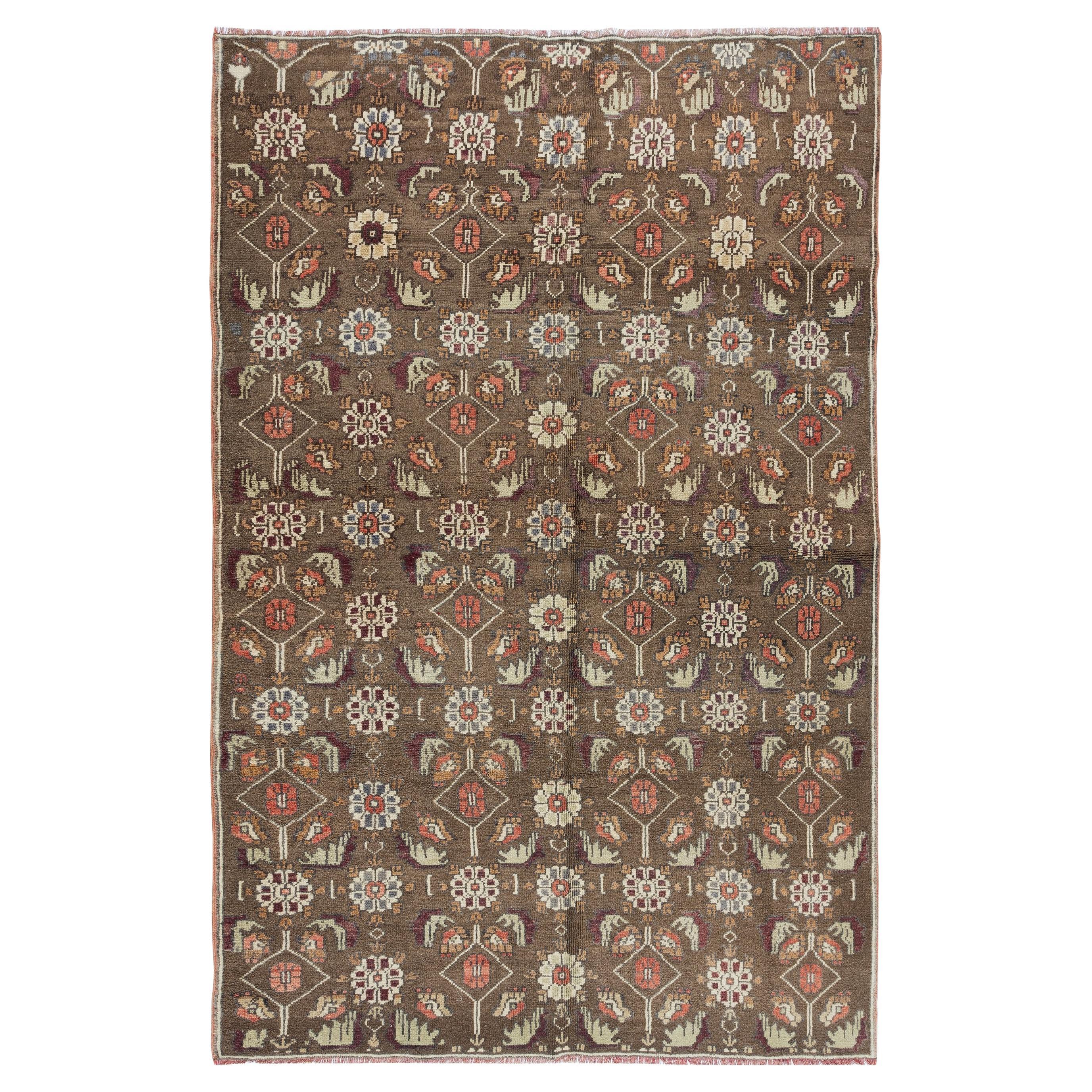 5.9x8.9 Ft Home Decor Floral Pattern Vintage Hand Knotted Anatolian Rug in Brown For Sale