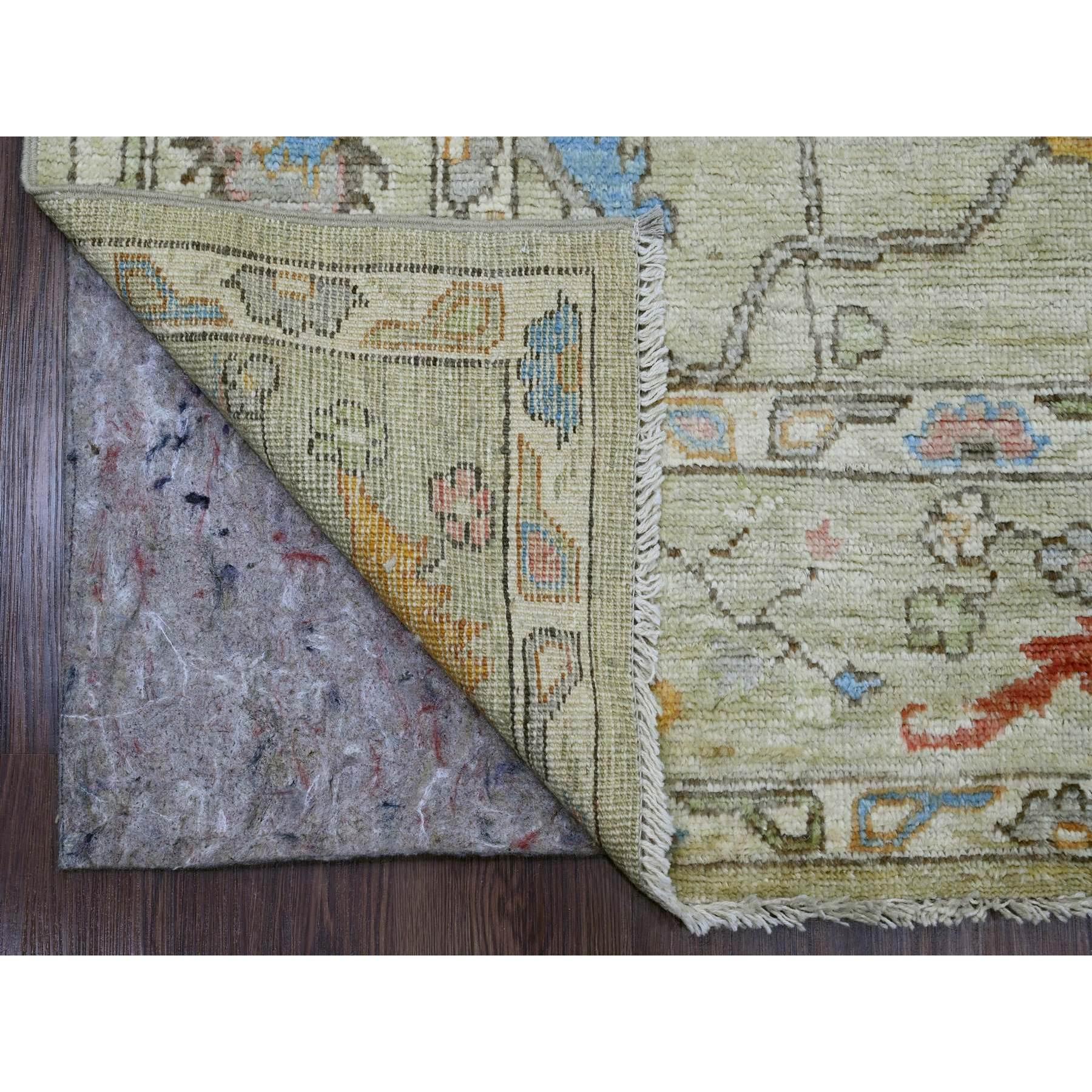 Swamp Green, Hand Knotted, Afghan Angora Oushak with Large Leaf Design, Vegetable Dyes, 100% Wool, Oriental Rug
Primary materials: Wool
Latex: No Pile 
height: 0.25 Inches
Style: Transitional
Primary color: Green
Secondary colors: Ivory, Blue,