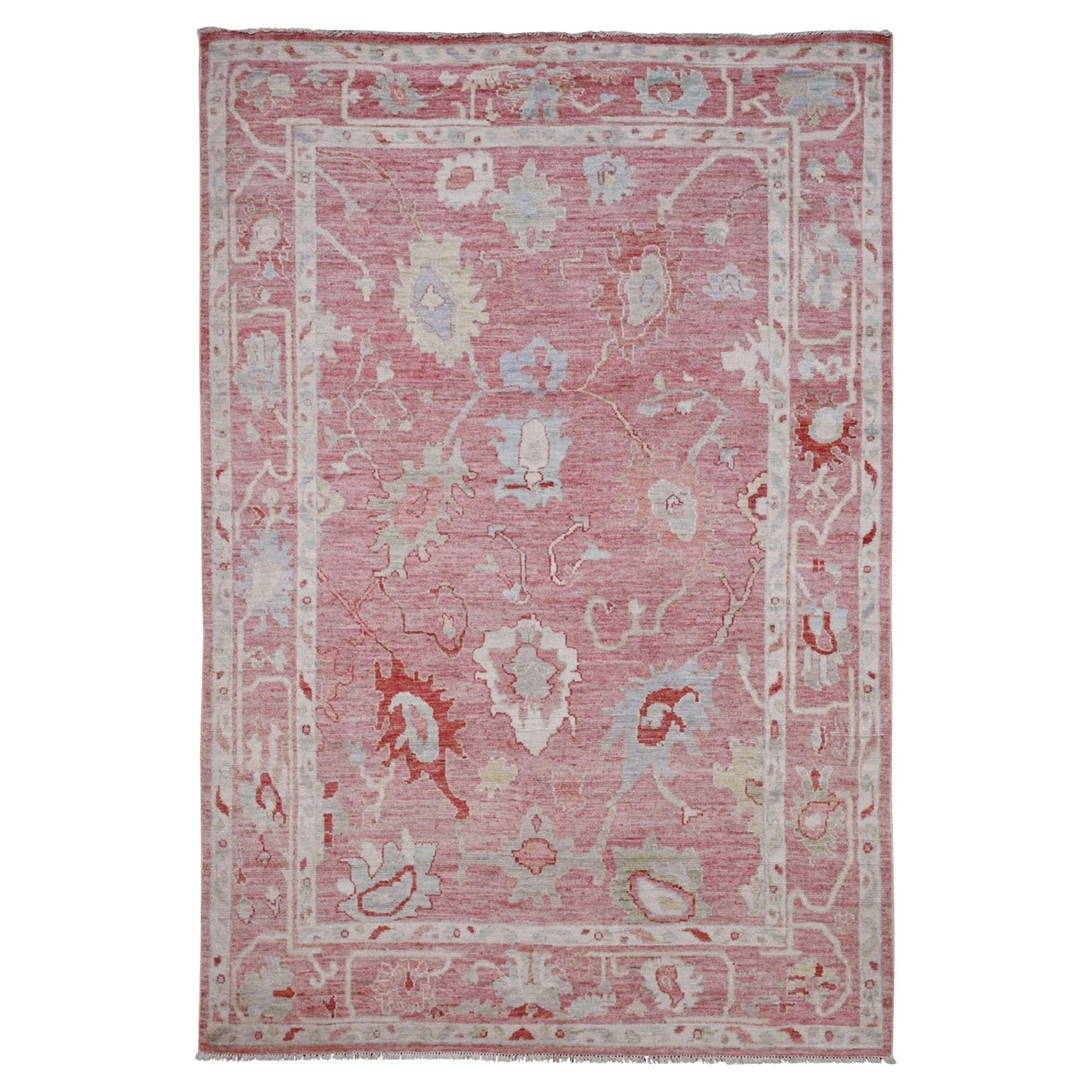 5'9"x8'9" Pink Hand Knotted Afghan Angora Oushak Leaf Design Wool Oriental Rug For Sale