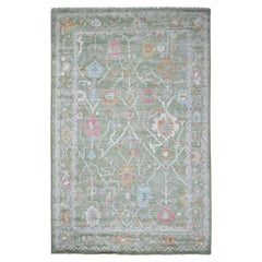 5'9"x9' Cedar Green Hand Knotted Afghan Angora Oushak Leaf Design Wool Rug