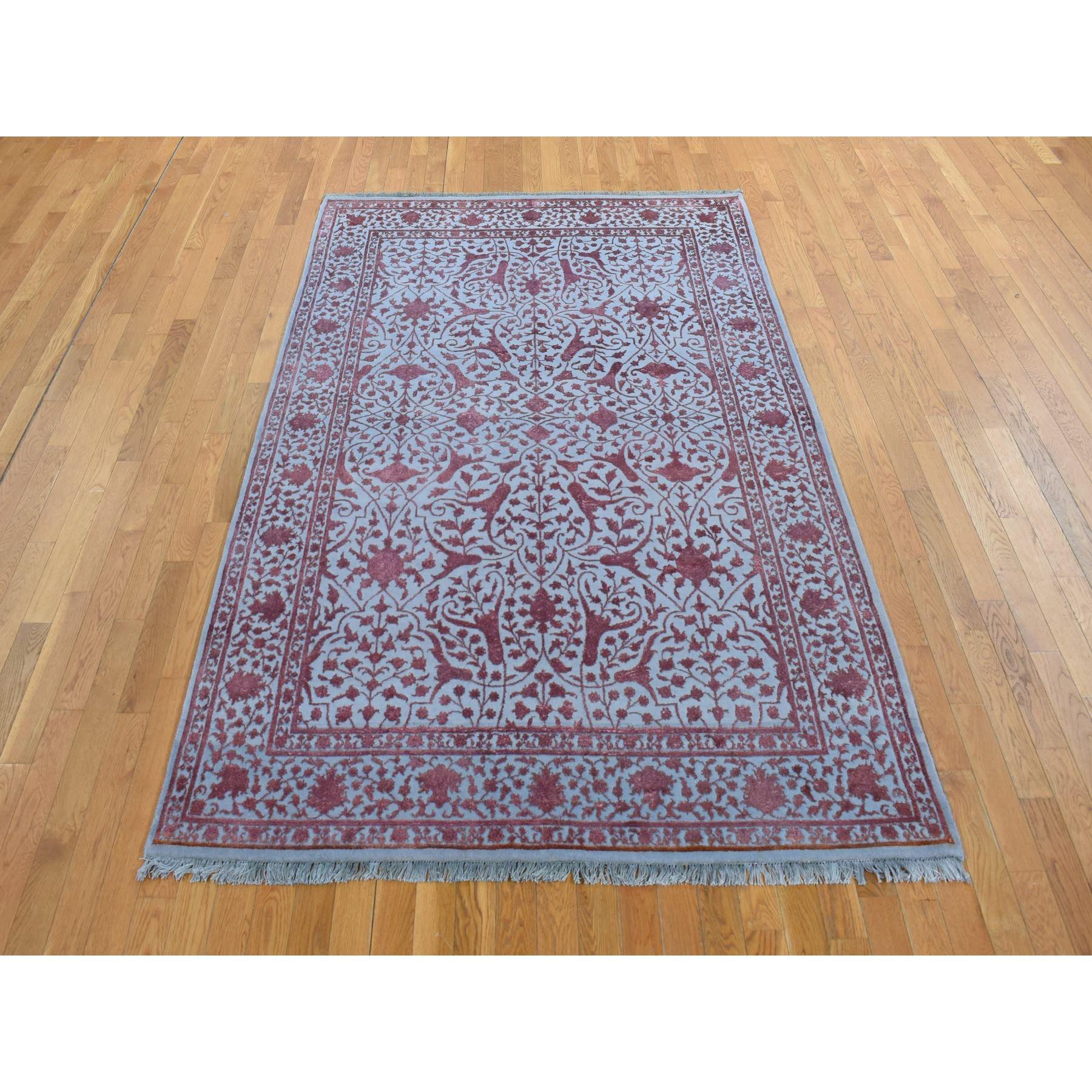 Candy Pink, Tone on Tone Persian Kashan Design, Pure Wool and Silk, Dense Weave, Hand Knotted, Oriental Rug
Primary materials: Wool & Silk
Latex: No Pile 
height: 0.25 Inches
Style: Traditional
Primary color: Pink
Secondary colors: Gray
Pattern: