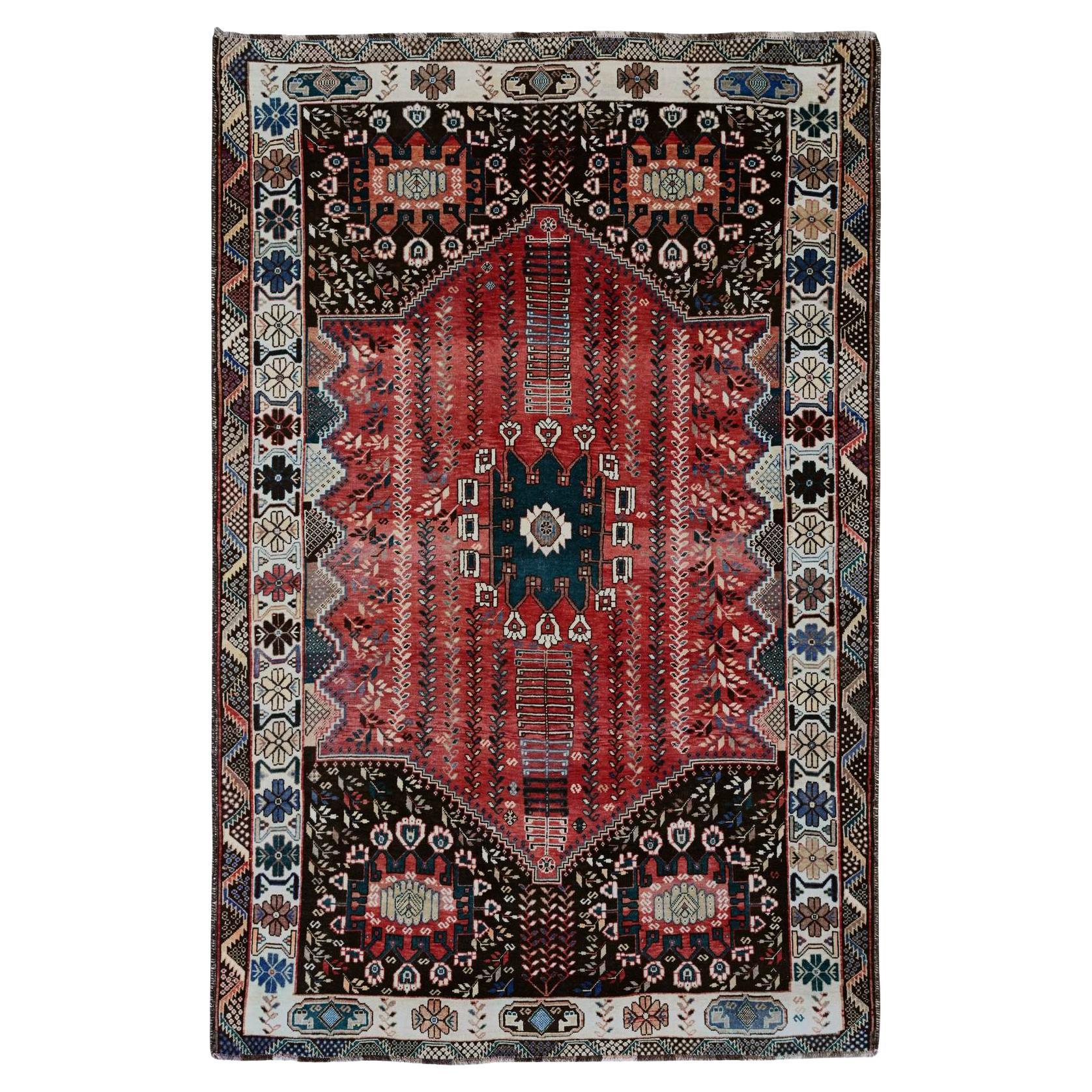 5'9"x9'1" Red Vintage Persian Shiraz with Tribal Design Hand Knotted Wool Rug For Sale