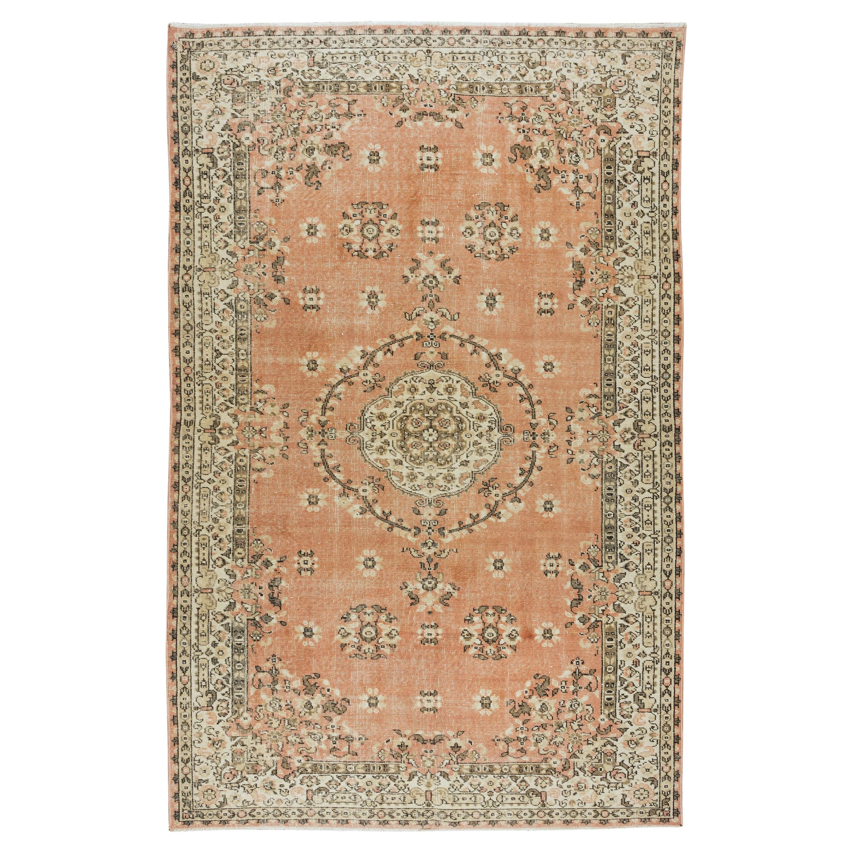 6x9.2 Ft Hand-Knotted Medallion Design Vintage Turkish Area Rug in Red and Beige For Sale