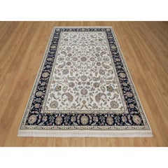 5'9"x9'2" Swan White Wool and Silk Nain with Flower Design Hand Knotted Rug