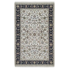 5'9"x9'2" Swan White Wool and Silk Nain with Flower Design Hand Knotted Rug