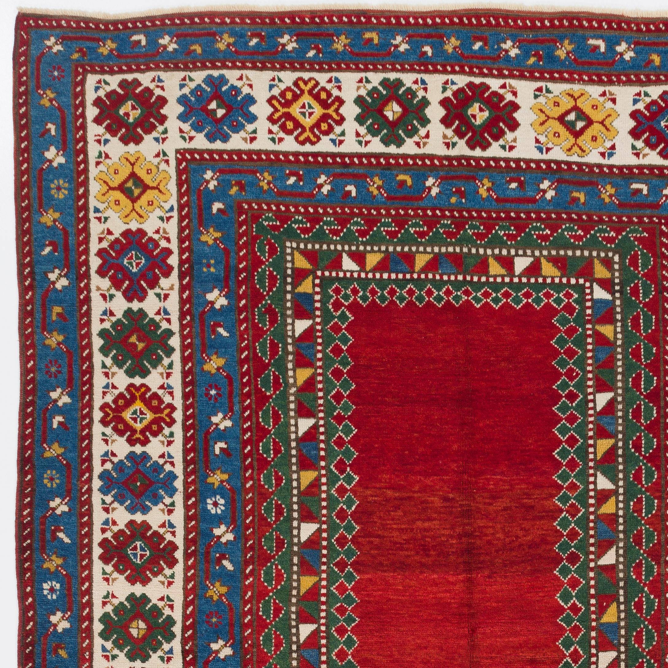 Antique Caucasian Kazak rug with solid red ground. Size: 5.9 x 9.3 ft
All wool, natural dyes, very good condition.

Finely hand-knotted with even medium wool pile on wool foundation. Very good condition. Sturdy and as clean as a brand new rug (deep