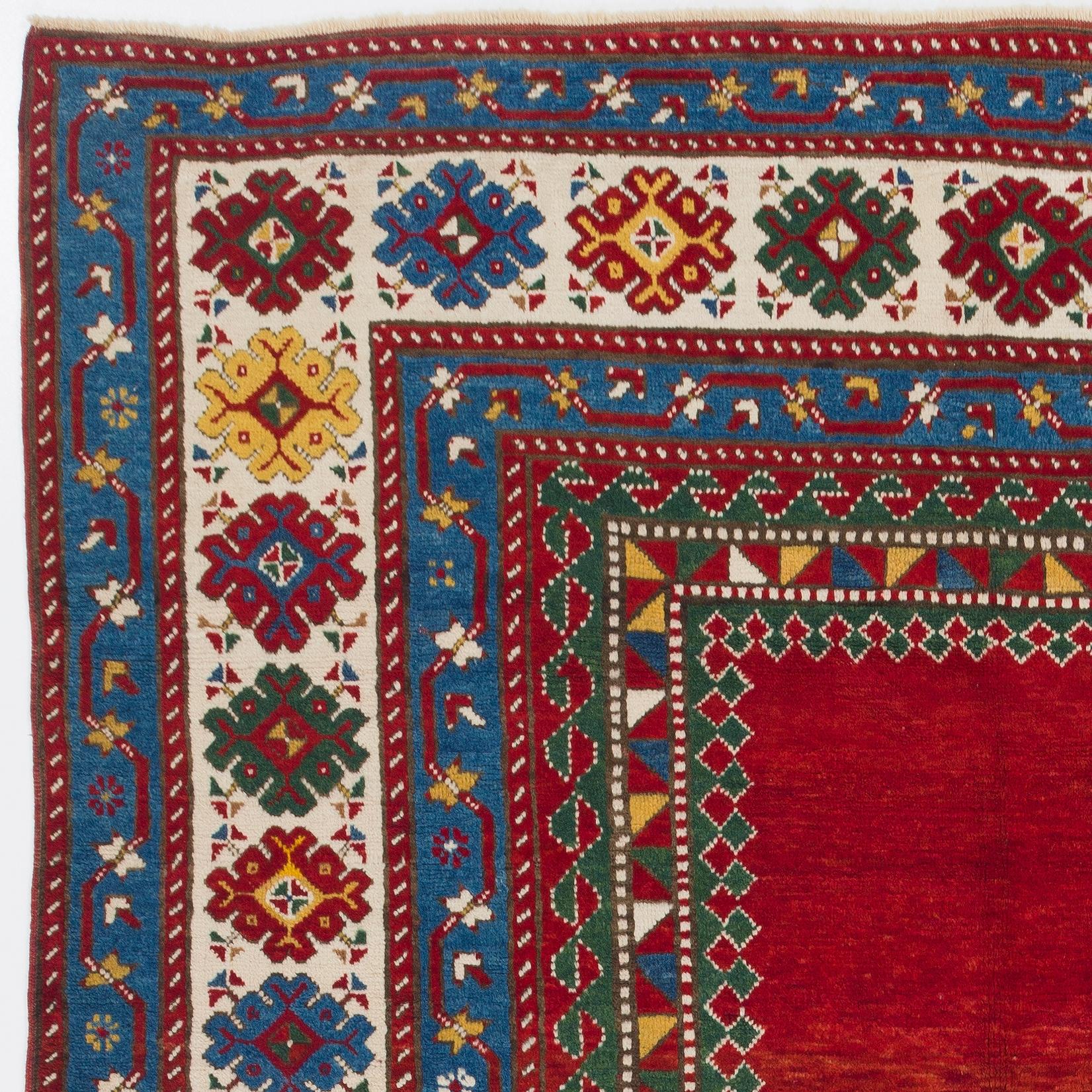Antique Caucasian Kazak rug with solid red ground. Size: 5.9 x 9.3 ft
All wool, natural dyes, very good condition.

Finely hand-knotted with even medium wool pile on wool foundation. Very good condition. Sturdy and as clean as a brand new rug (deep
