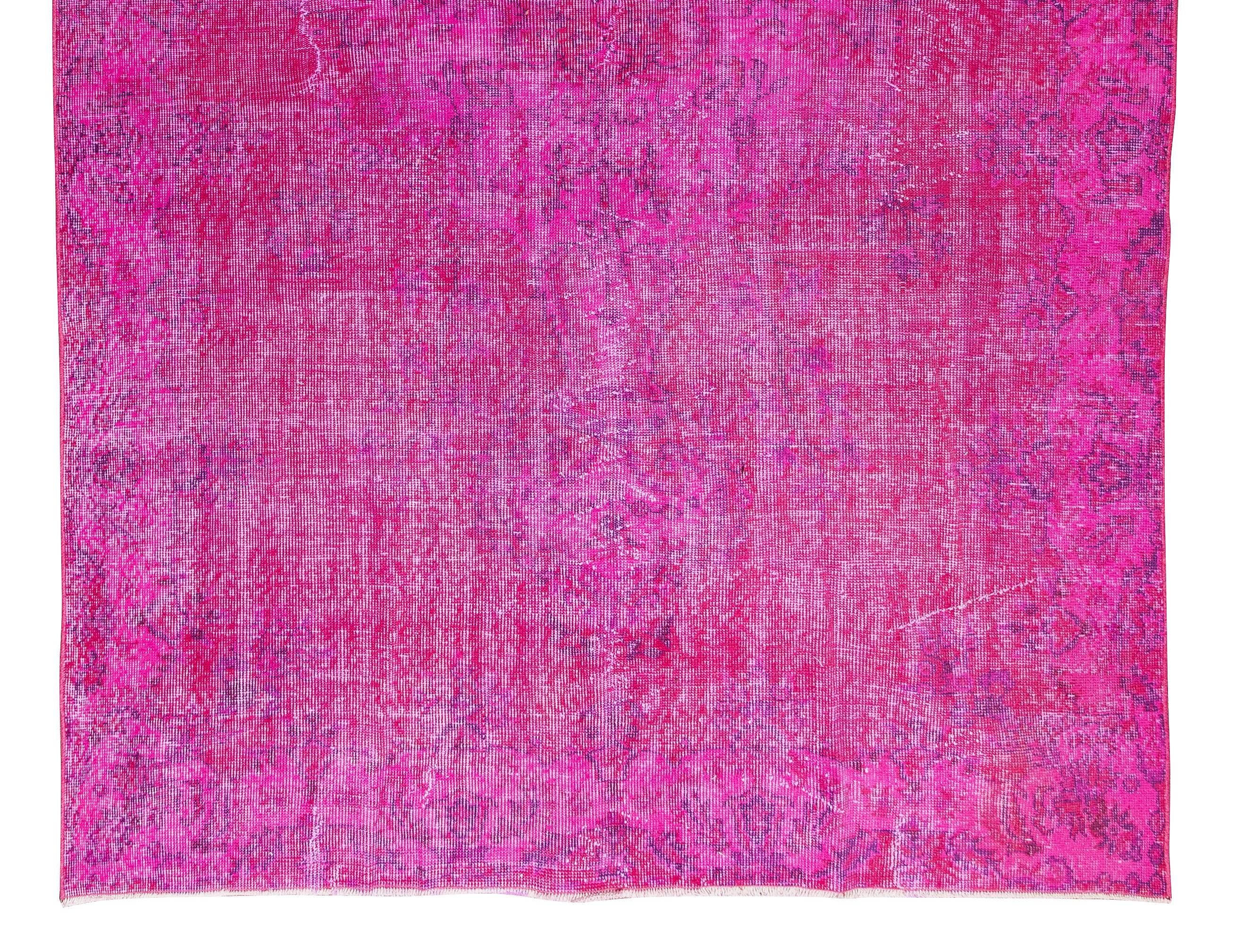 20th Century Room Size Modern Hand-Made Turkish Vintage Wool Rug Over-Dyed in Pink For Sale