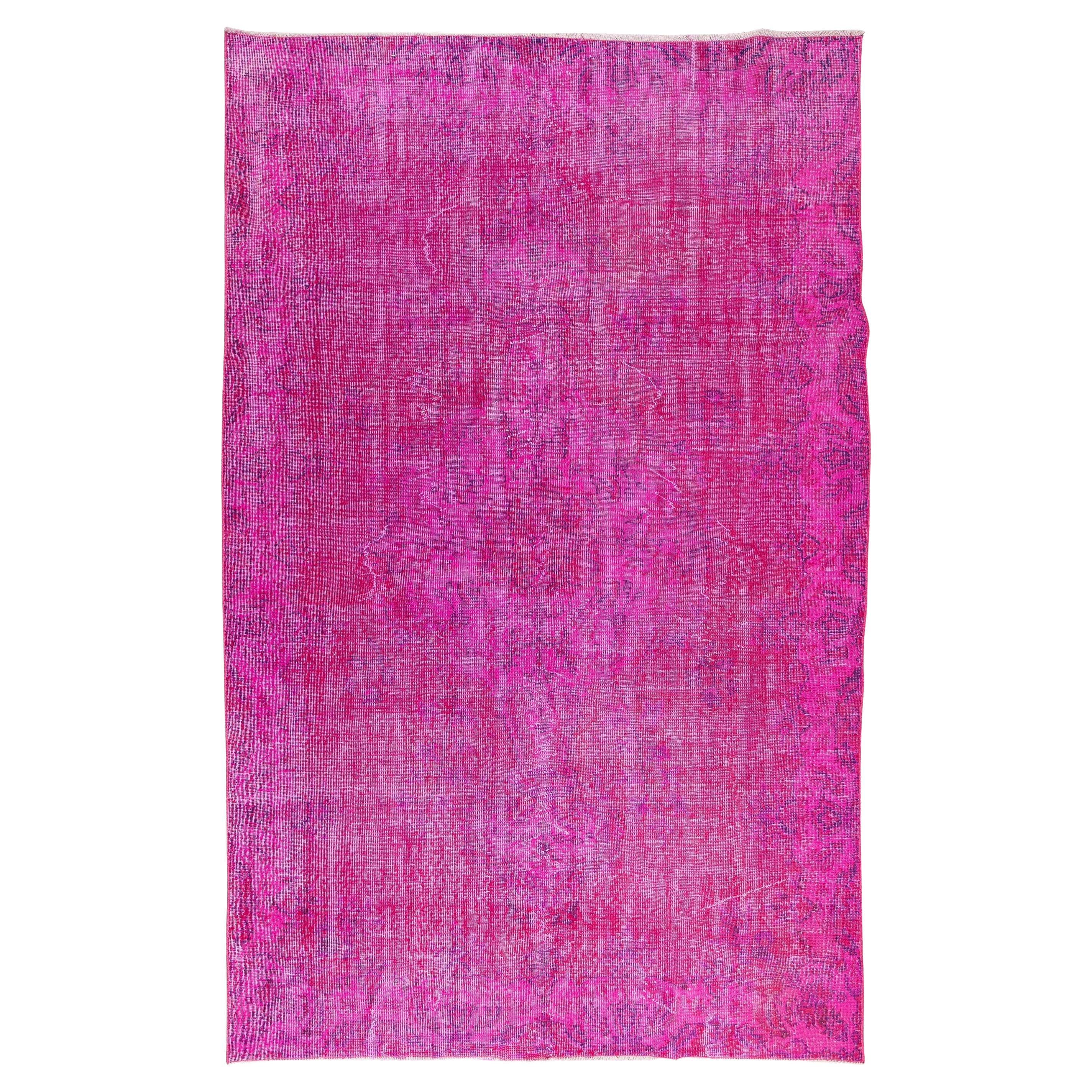 Room Size Modern Hand-Made Turkish Vintage Wool Rug Over-Dyed in Pink For Sale